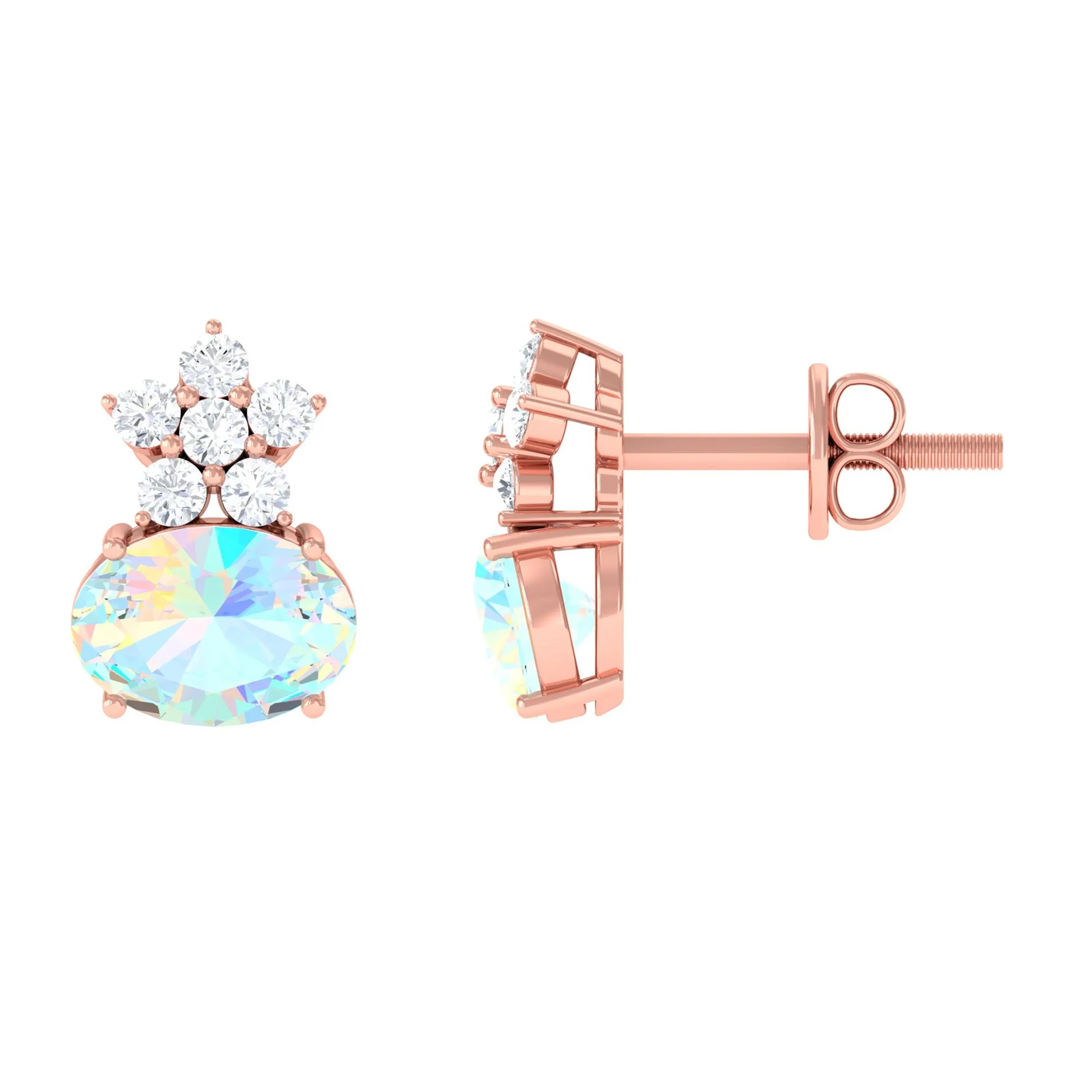 2.25 CT Oval Ethiopian Opal Minimal Stud Earrings with Floral Diamond Accent