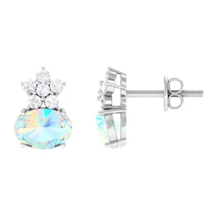 2.25 CT Oval Ethiopian Opal Minimal Stud Earrings with Floral Diamond Accent
