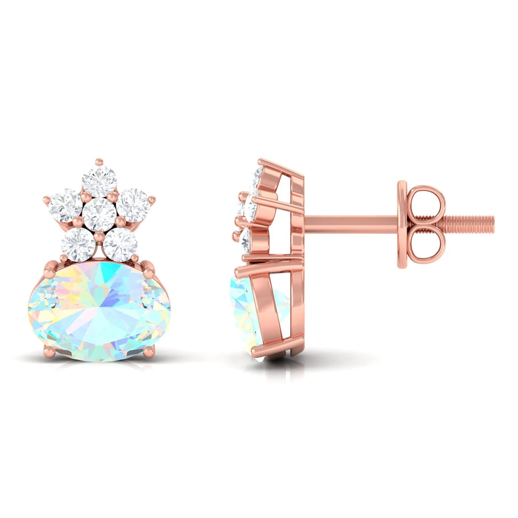 2.25 CT Oval Ethiopian Opal Minimal Stud Earrings with Floral Diamond Accent