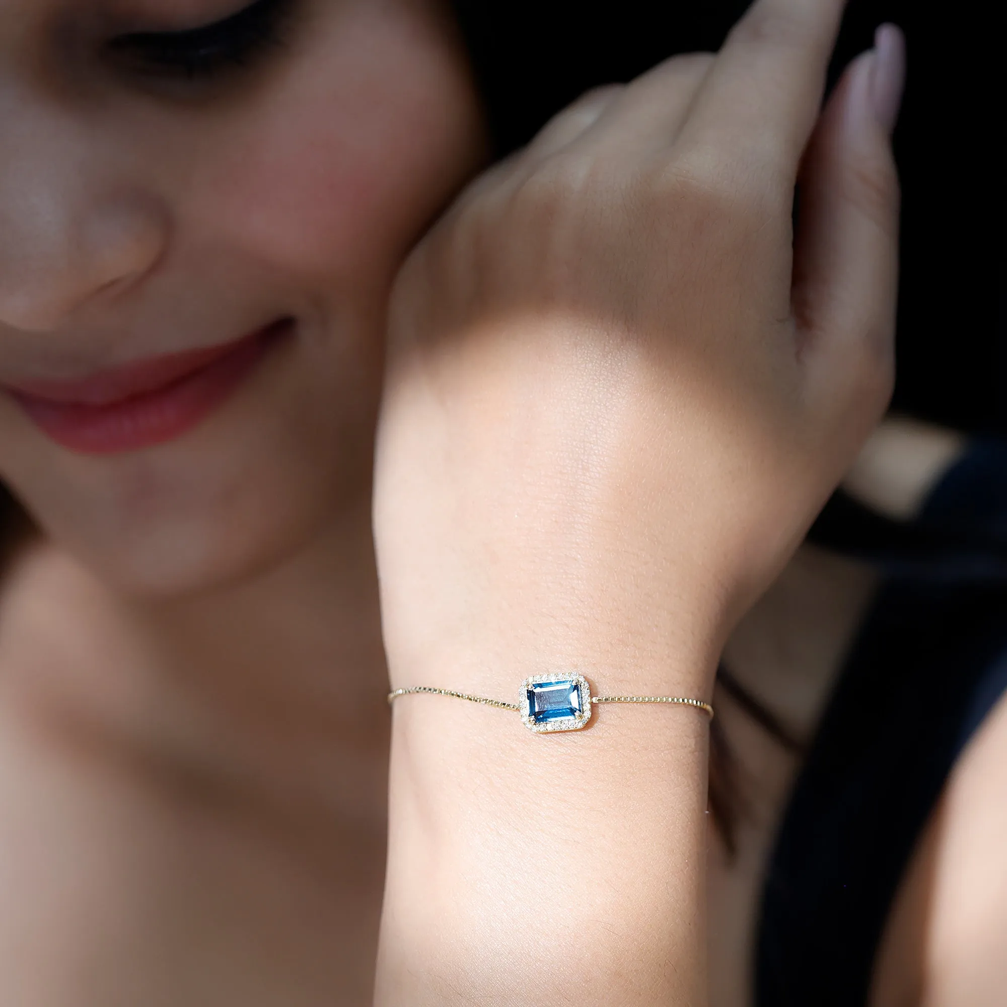2.50 CT Octagon Cut London Blue Topaz and Diamond Bolo Chain Bracelet