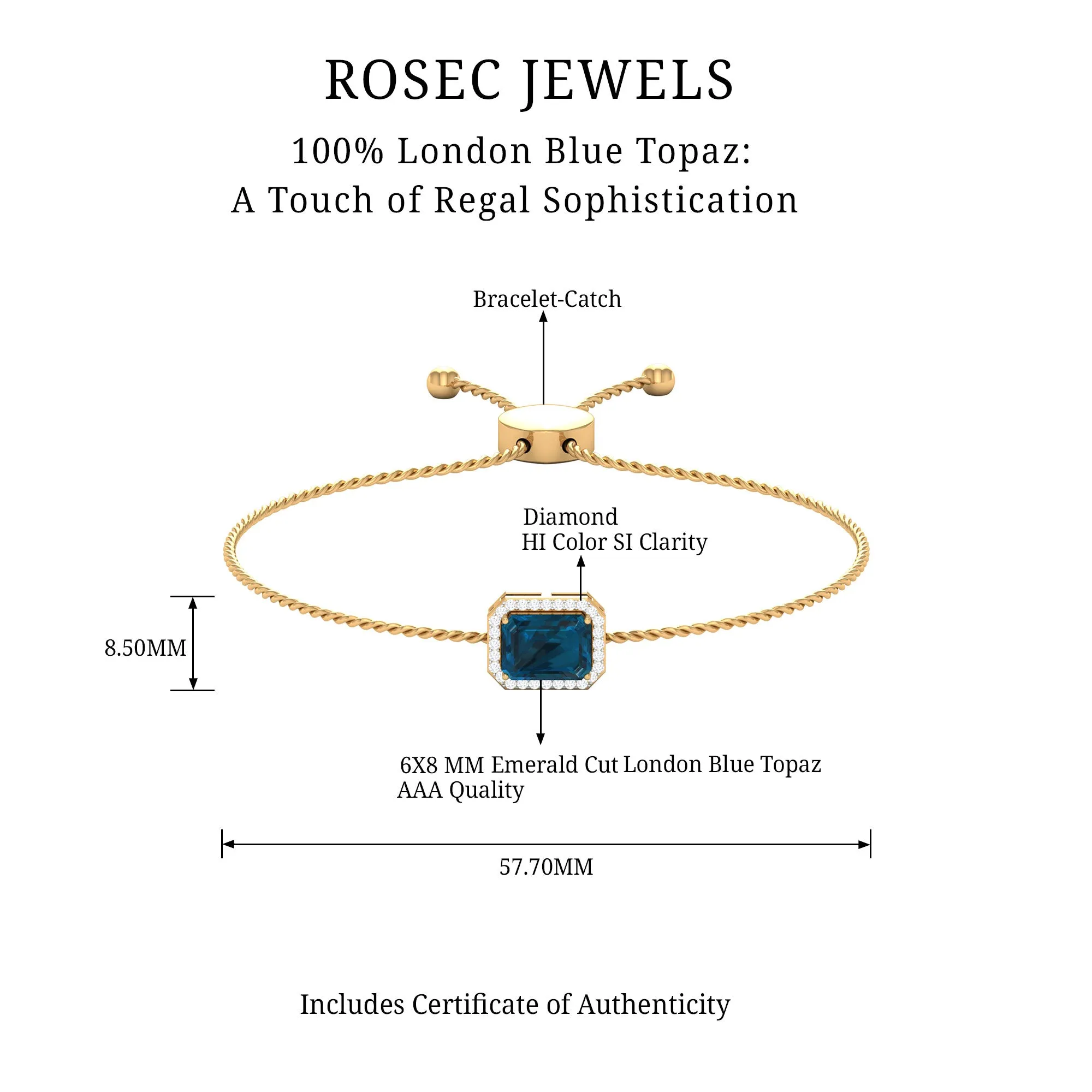 2.50 CT Octagon Cut London Blue Topaz and Diamond Bolo Chain Bracelet