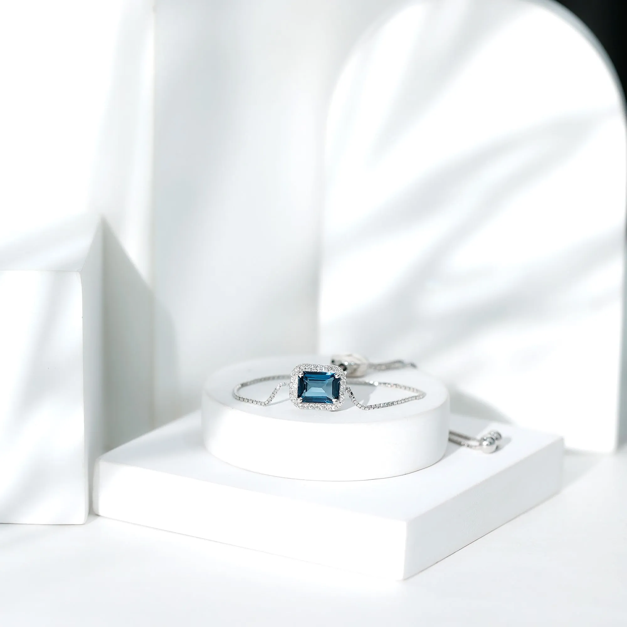 2.50 CT Octagon Cut London Blue Topaz and Diamond Bolo Chain Bracelet