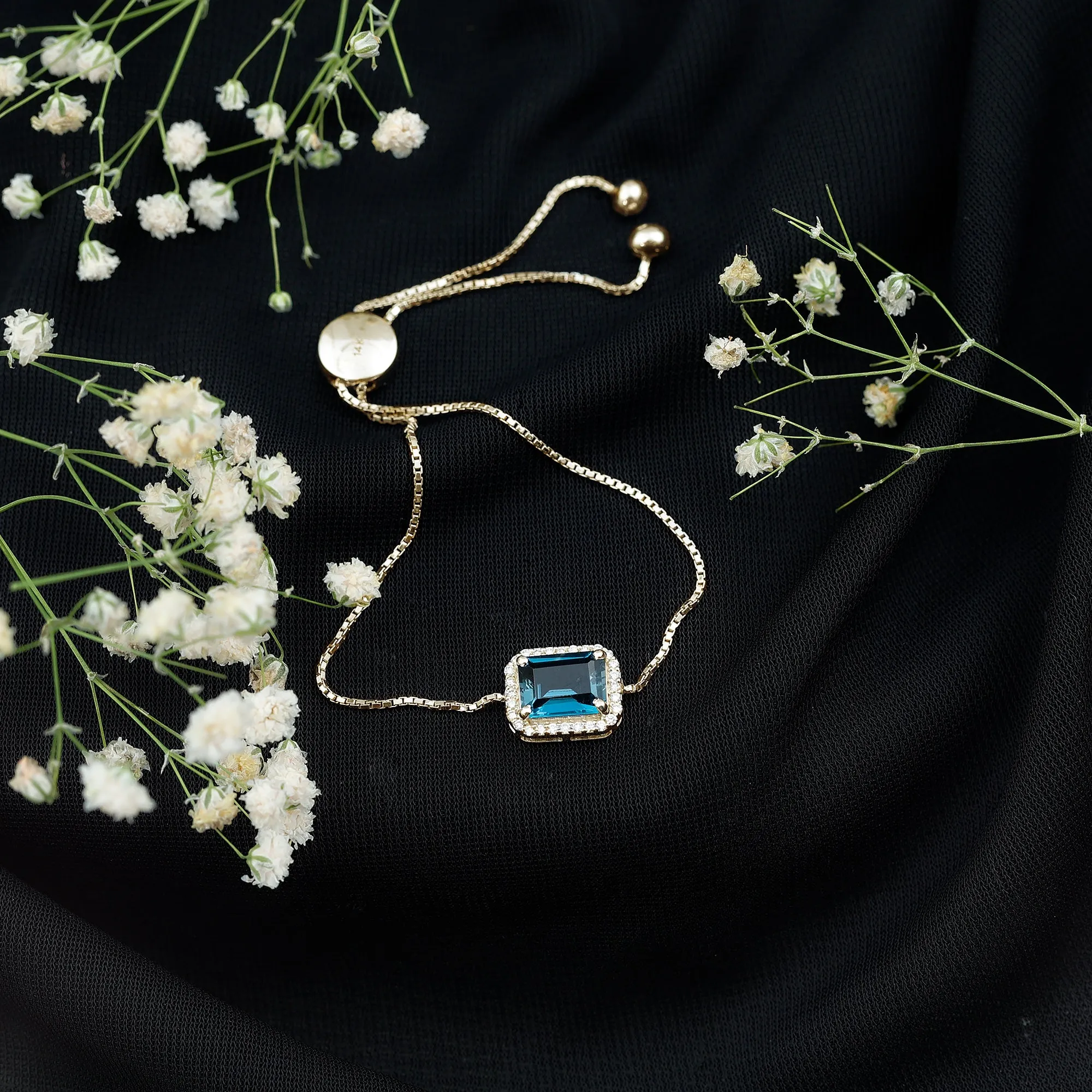 2.50 CT Octagon Cut London Blue Topaz and Diamond Bolo Chain Bracelet