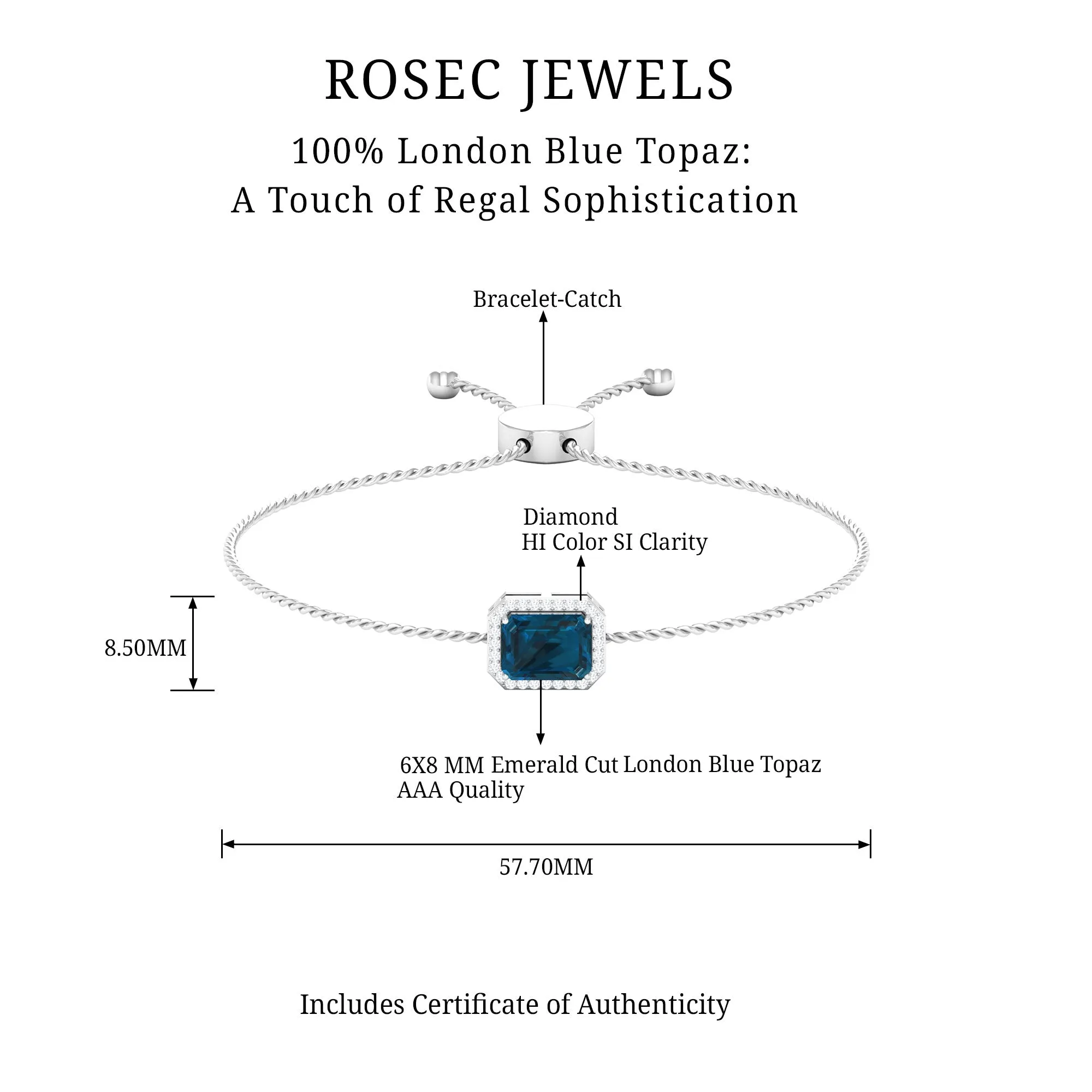 2.50 CT Octagon Cut London Blue Topaz and Diamond Bolo Chain Bracelet