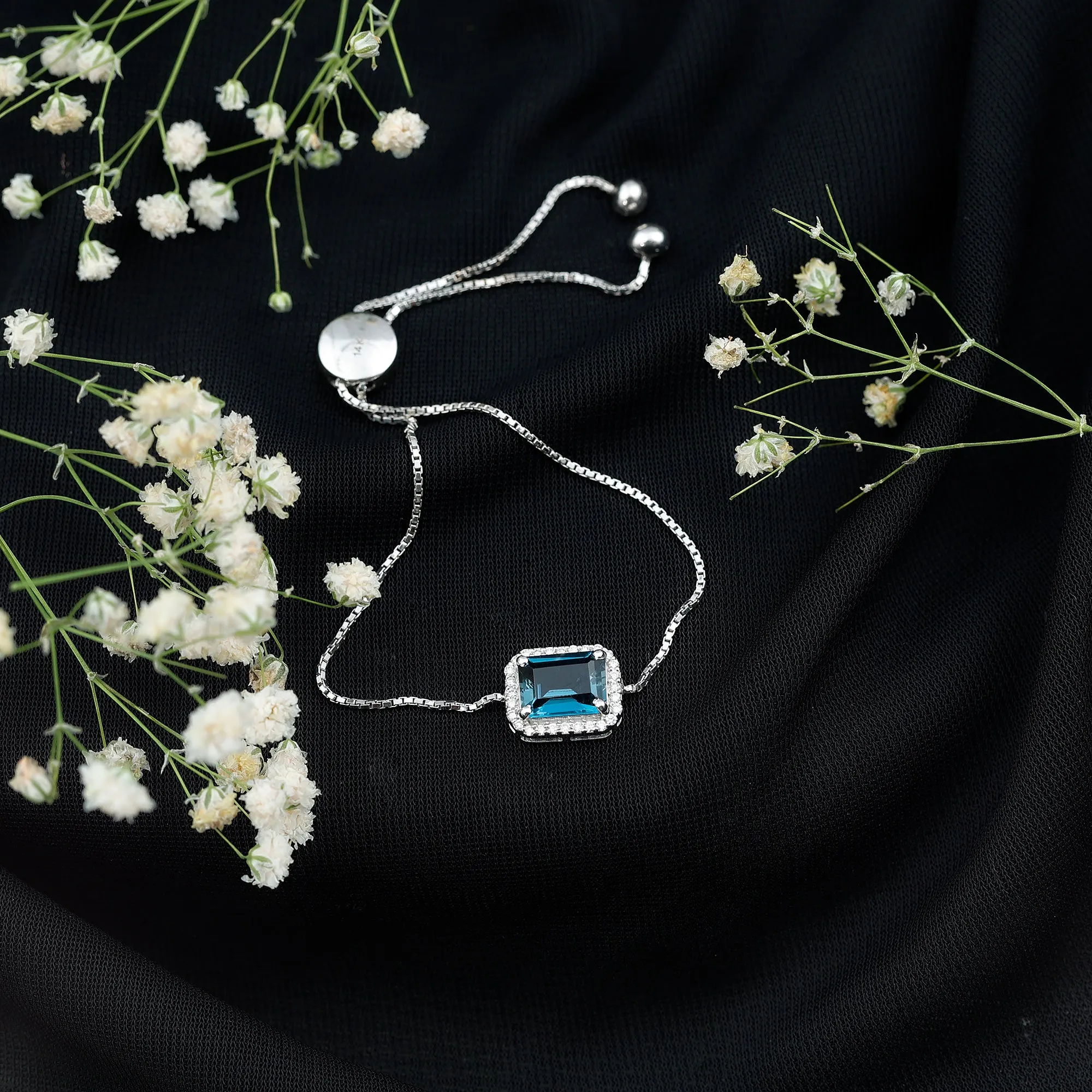 2.50 CT Octagon Cut London Blue Topaz and Diamond Bolo Chain Bracelet