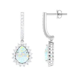 2.75 CT Ethiopian Opal Bridal Teardrop Silver Hoop Earrings with Moissanite Accent