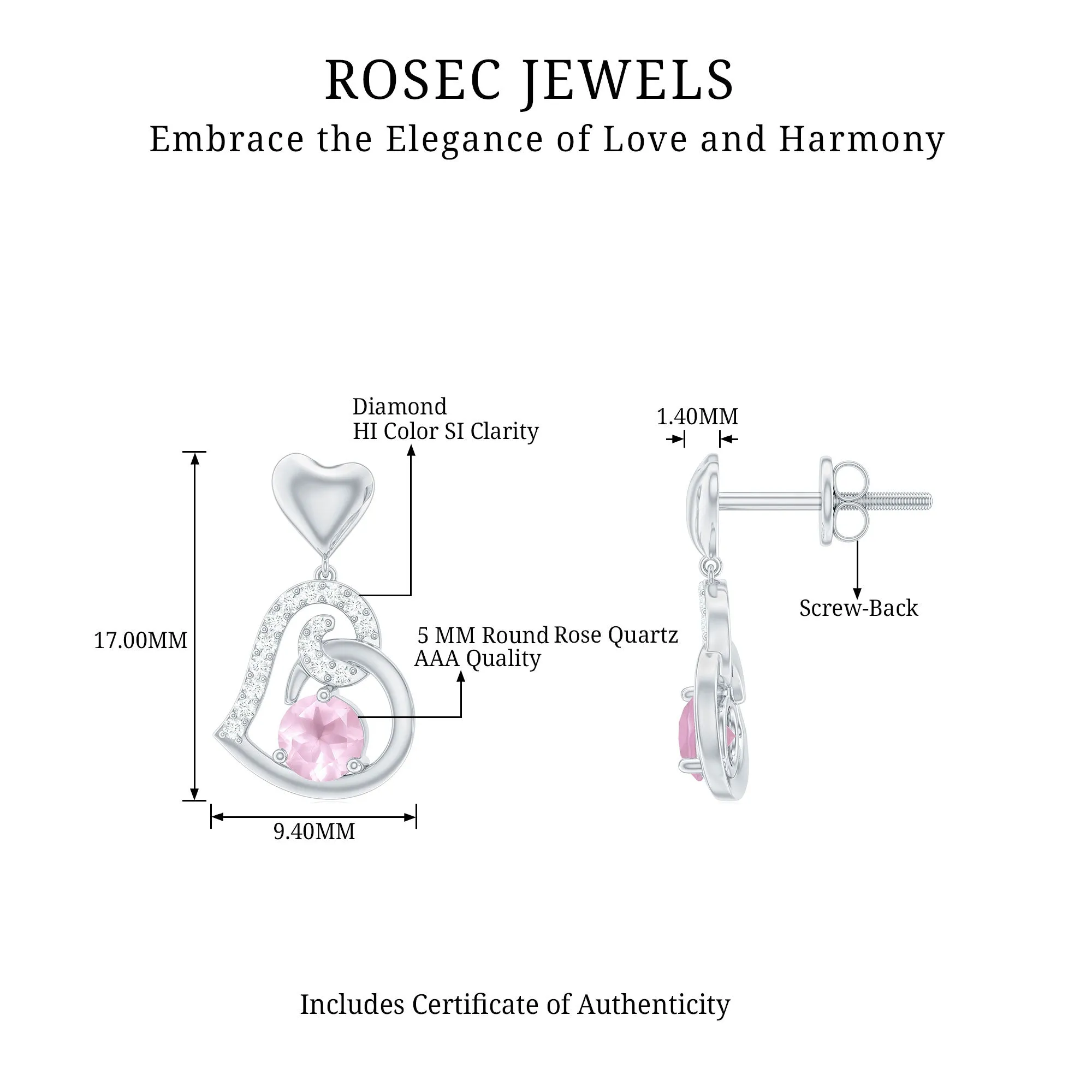3/4 CT Rose Quartz and Diamond Heart Drop Earrings