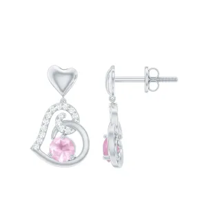 3/4 CT Rose Quartz and Diamond Heart Drop Earrings