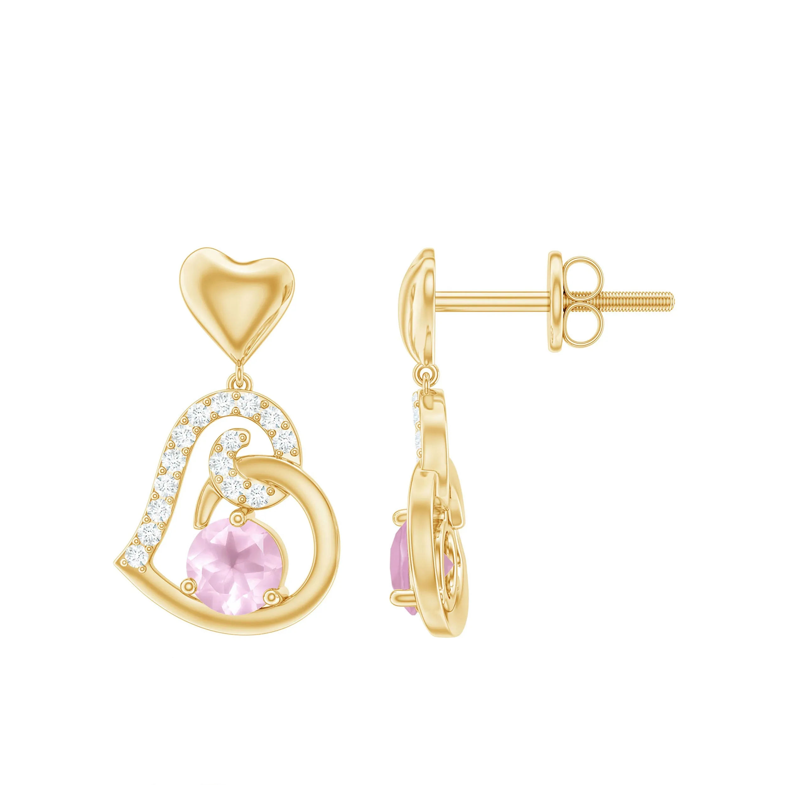 3/4 CT Rose Quartz and Diamond Heart Drop Earrings
