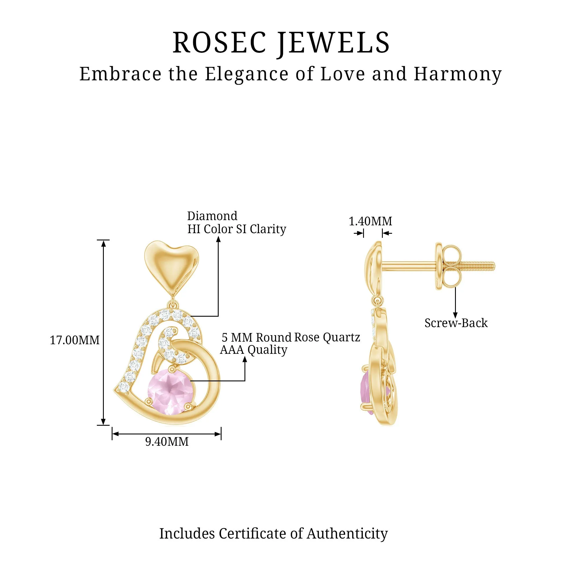3/4 CT Rose Quartz and Diamond Heart Drop Earrings