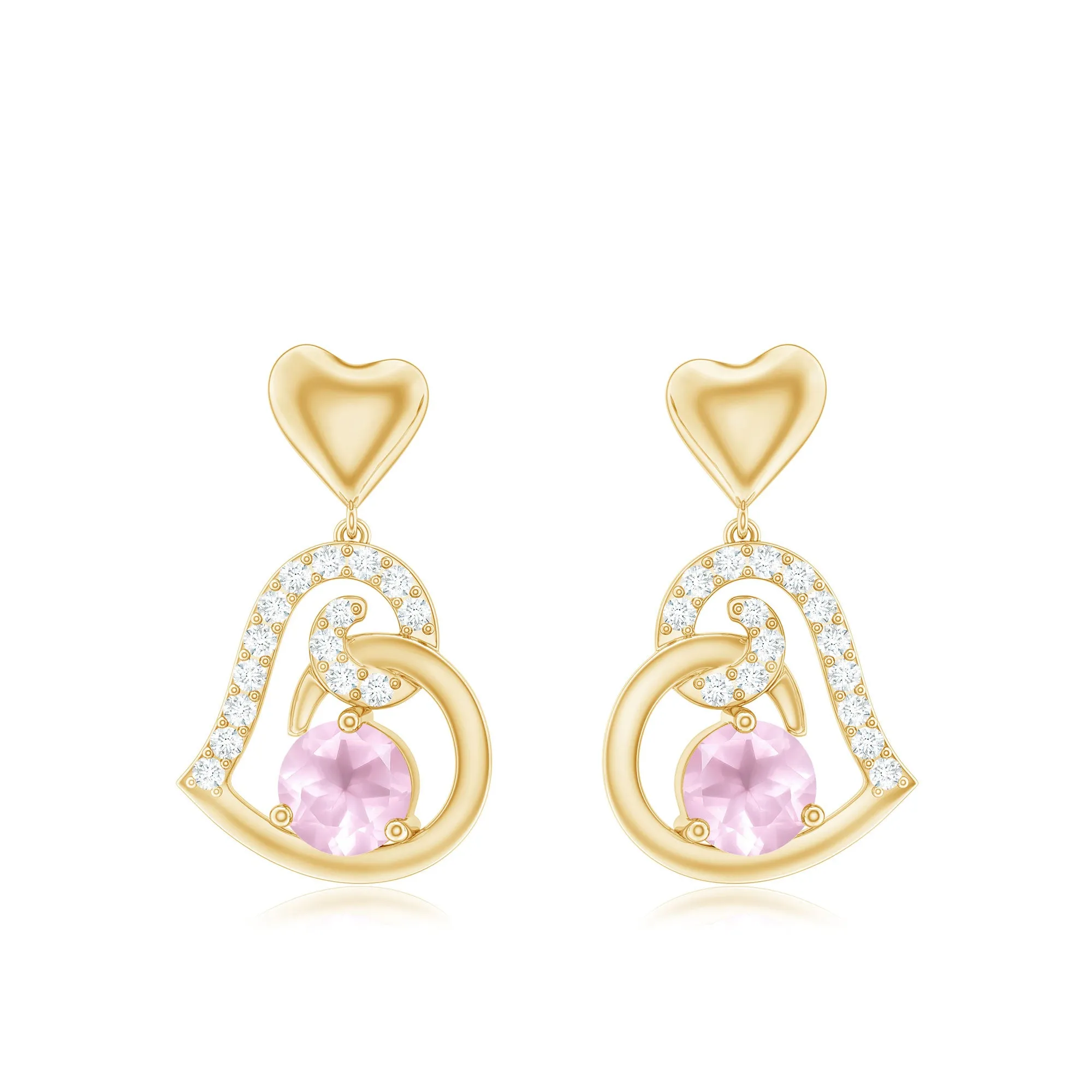 3/4 CT Rose Quartz and Diamond Heart Drop Earrings
