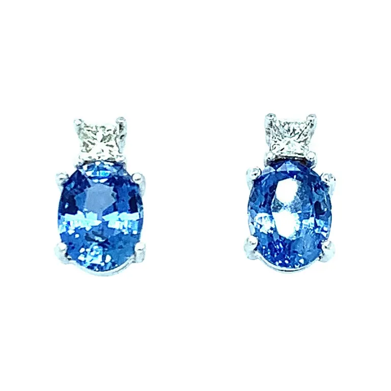3.40 Carat Total Blue Sapphire, Princess Cut Diamond White Gold Post Earrings