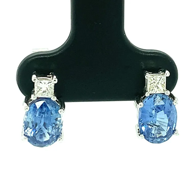 3.40 Carat Total Blue Sapphire, Princess Cut Diamond White Gold Post Earrings