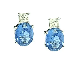 3.40 Carat Total Blue Sapphire, Princess Cut Diamond White Gold Post Earrings