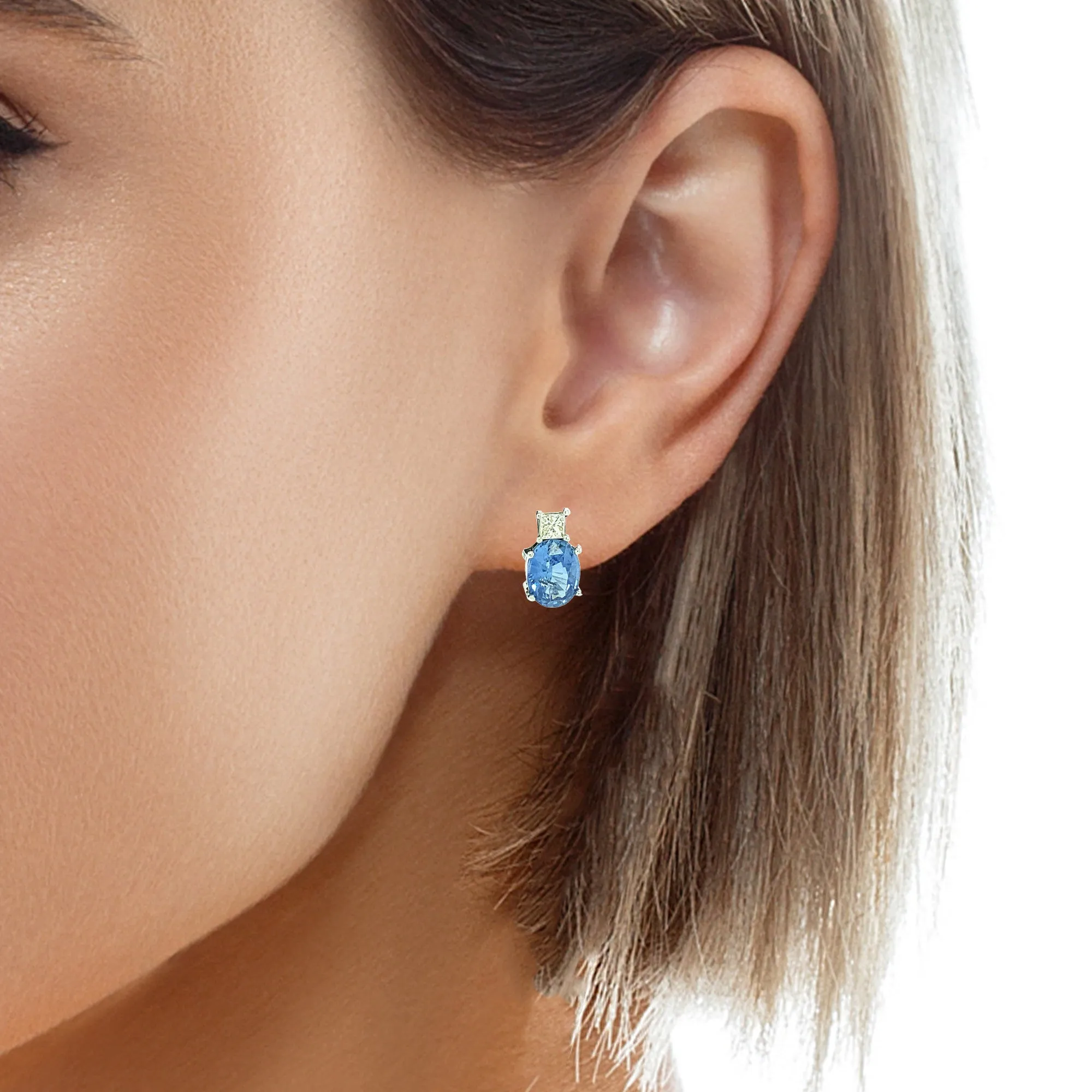 3.40 Carat Total Blue Sapphire, Princess Cut Diamond White Gold Post Earrings