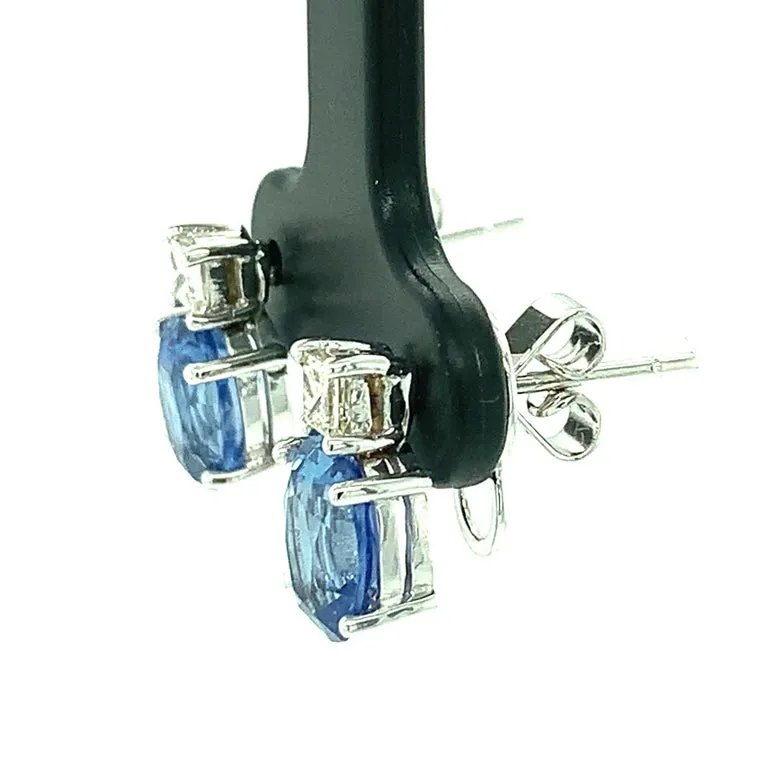 3.40 Carat Total Blue Sapphire, Princess Cut Diamond White Gold Post Earrings