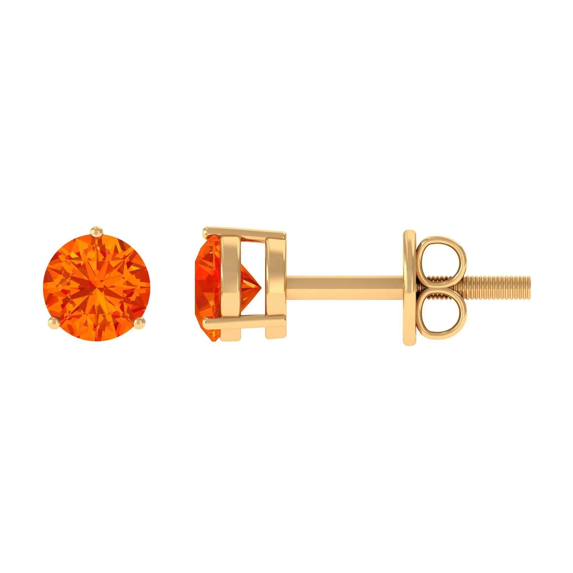 4 MM Round Cut Genuine Orange Sapphire Minimal Solitaire Stud Earrings for Women
