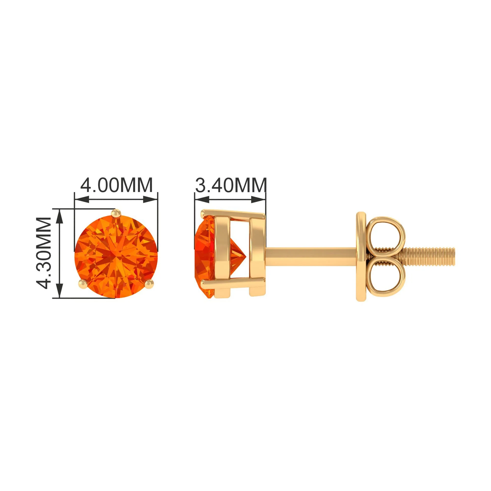 4 MM Round Cut Genuine Orange Sapphire Minimal Solitaire Stud Earrings for Women