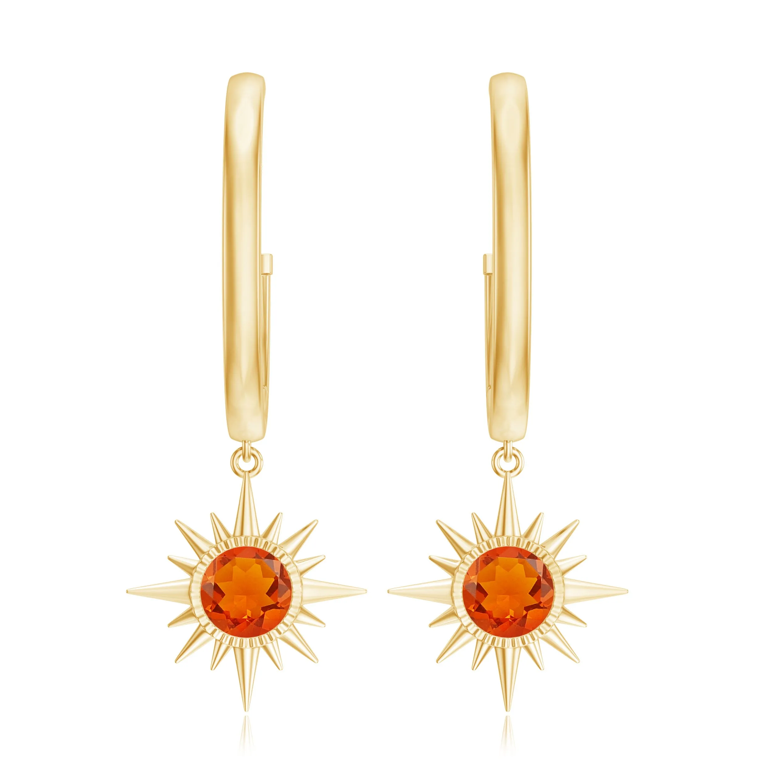 4 MM Round Shape Fire Opal and Gold Sunburst Hoop Drop Earrings For Women