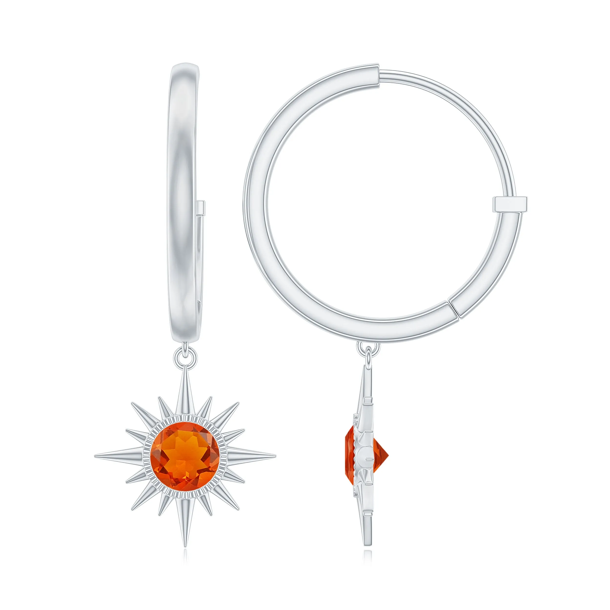4 MM Round Shape Fire Opal and Gold Sunburst Hoop Drop Earrings For Women