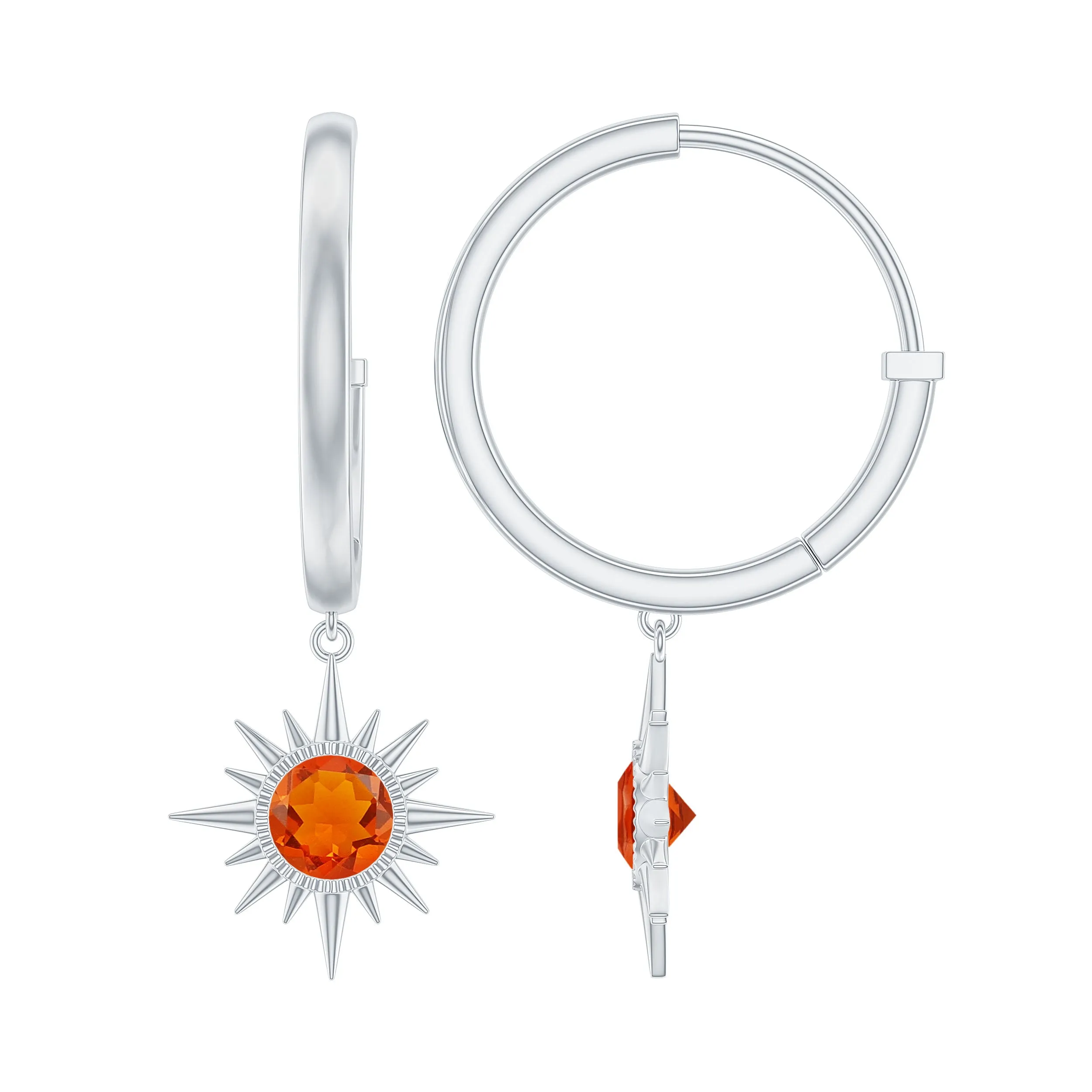 4 MM Round Shape Fire Opal and Gold Sunburst Hoop Drop Earrings For Women