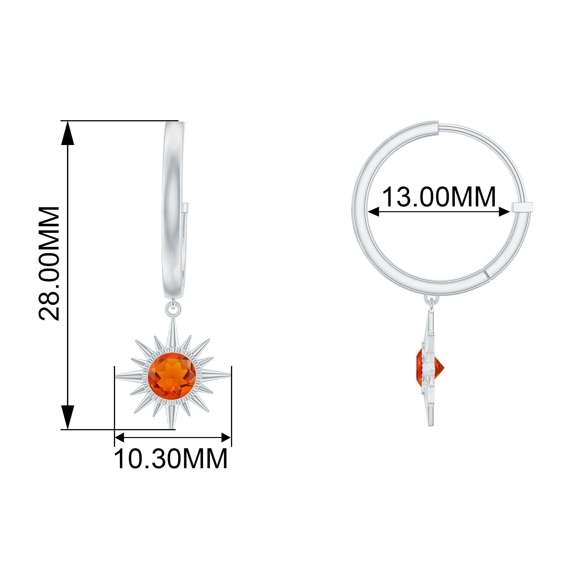 4 MM Round Shape Fire Opal and Gold Sunburst Hoop Drop Earrings For Women