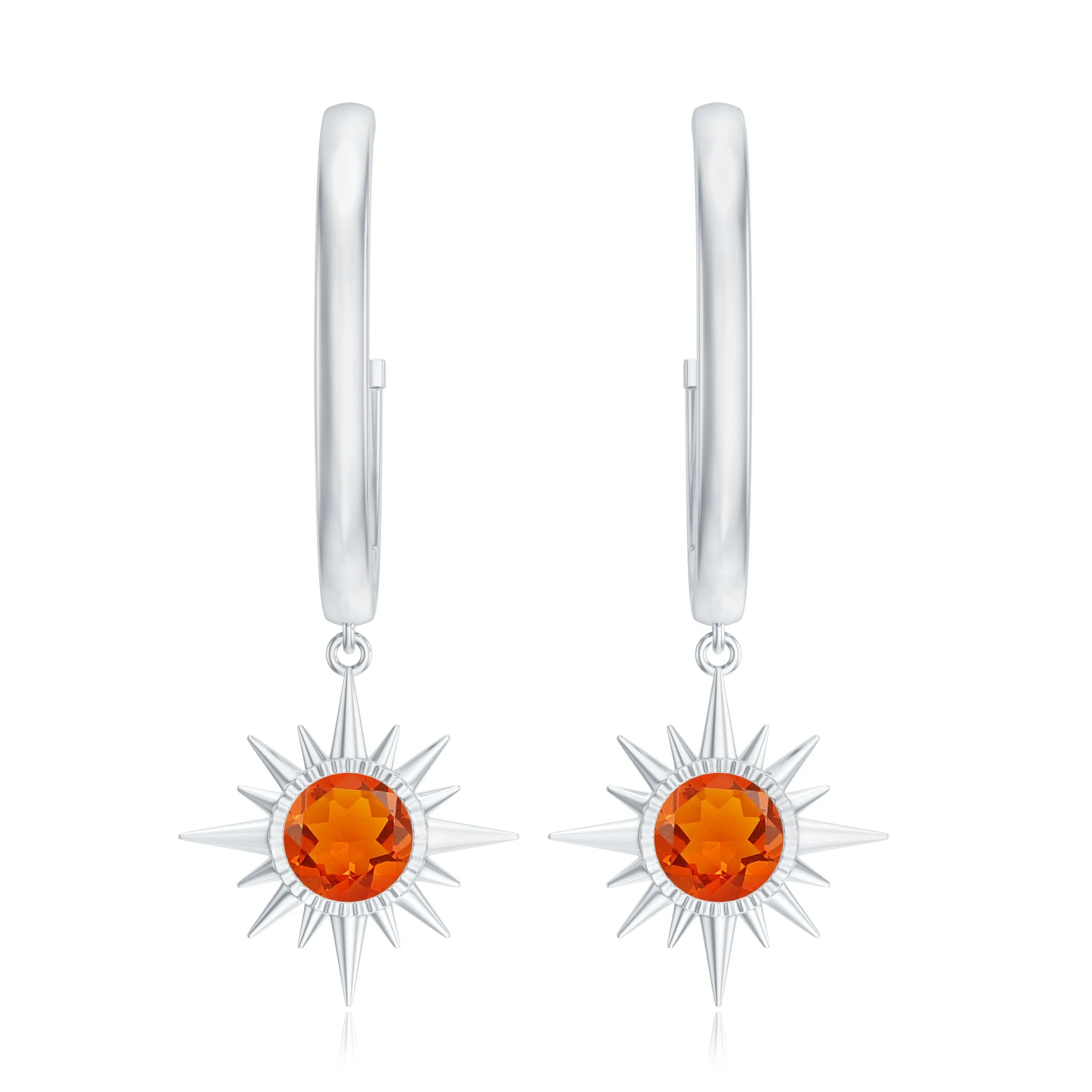 4 MM Round Shape Fire Opal and Gold Sunburst Hoop Drop Earrings For Women