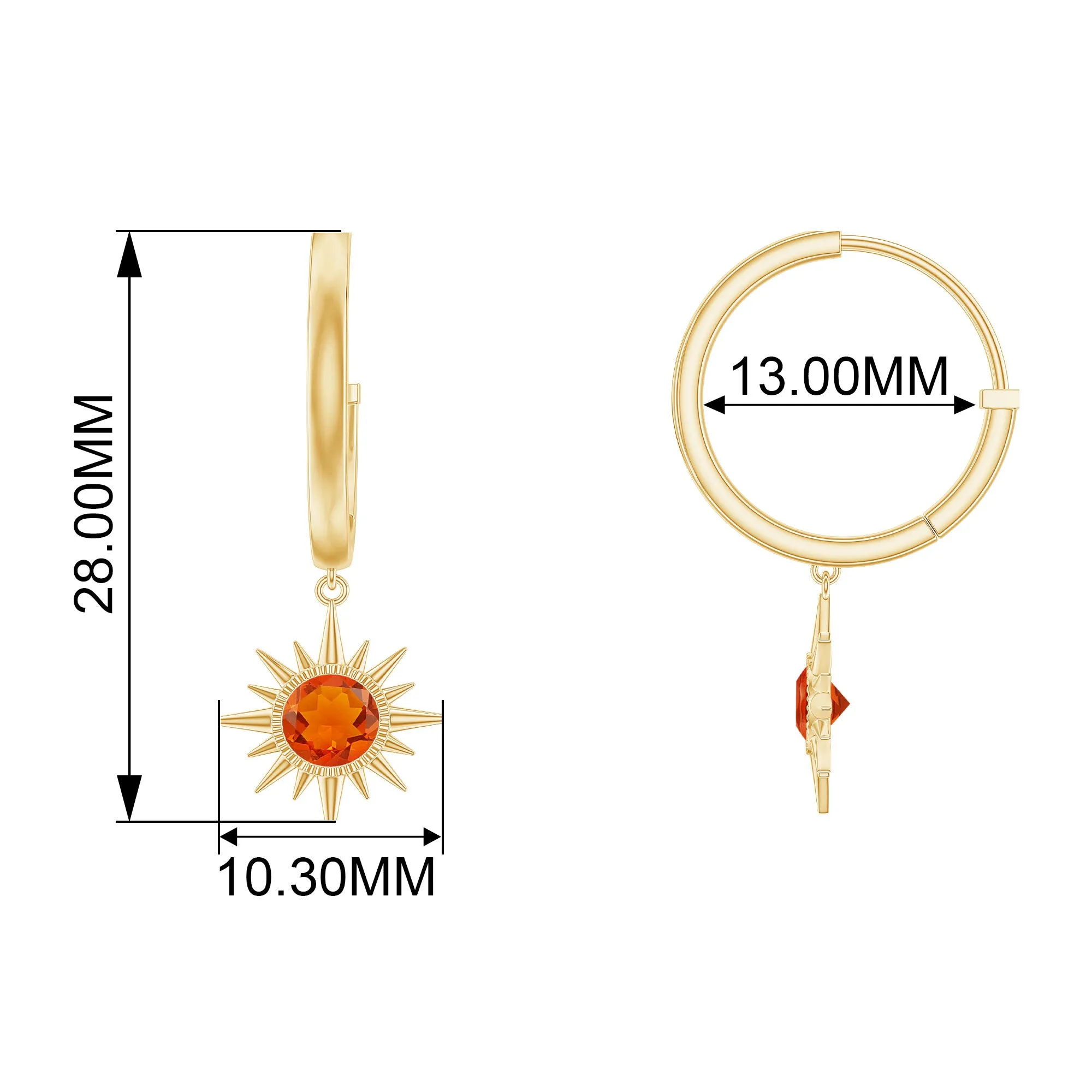 4 MM Round Shape Fire Opal and Gold Sunburst Hoop Drop Earrings For Women