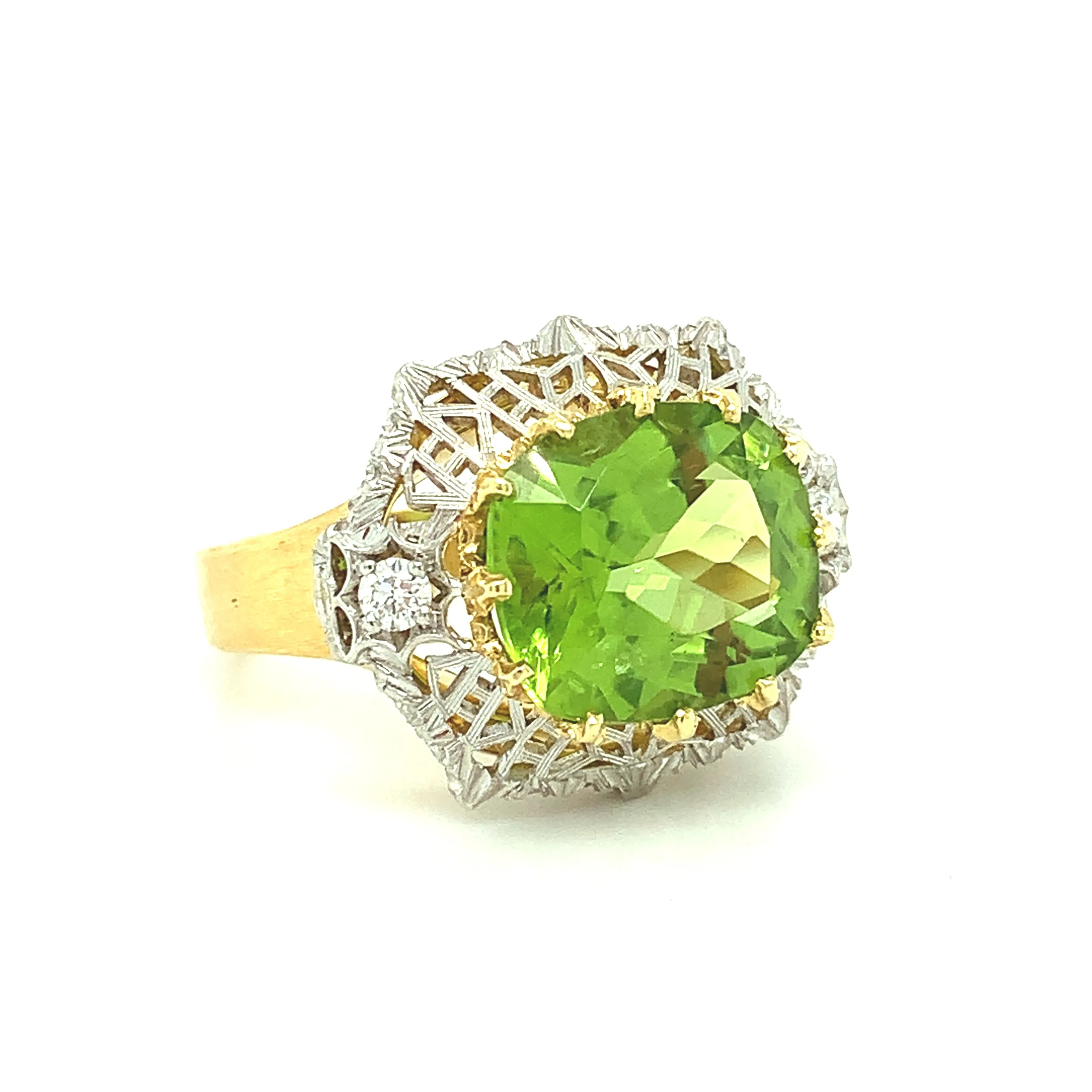 5.70 Ct. Peridot, Diamond, Yellow, White Gold Florentine Inspired Cocktail Ring