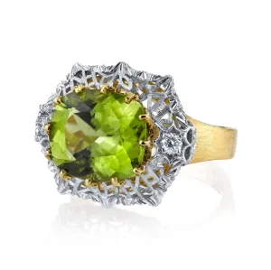 5.70 Ct. Peridot, Diamond, Yellow, White Gold Florentine Inspired Cocktail Ring