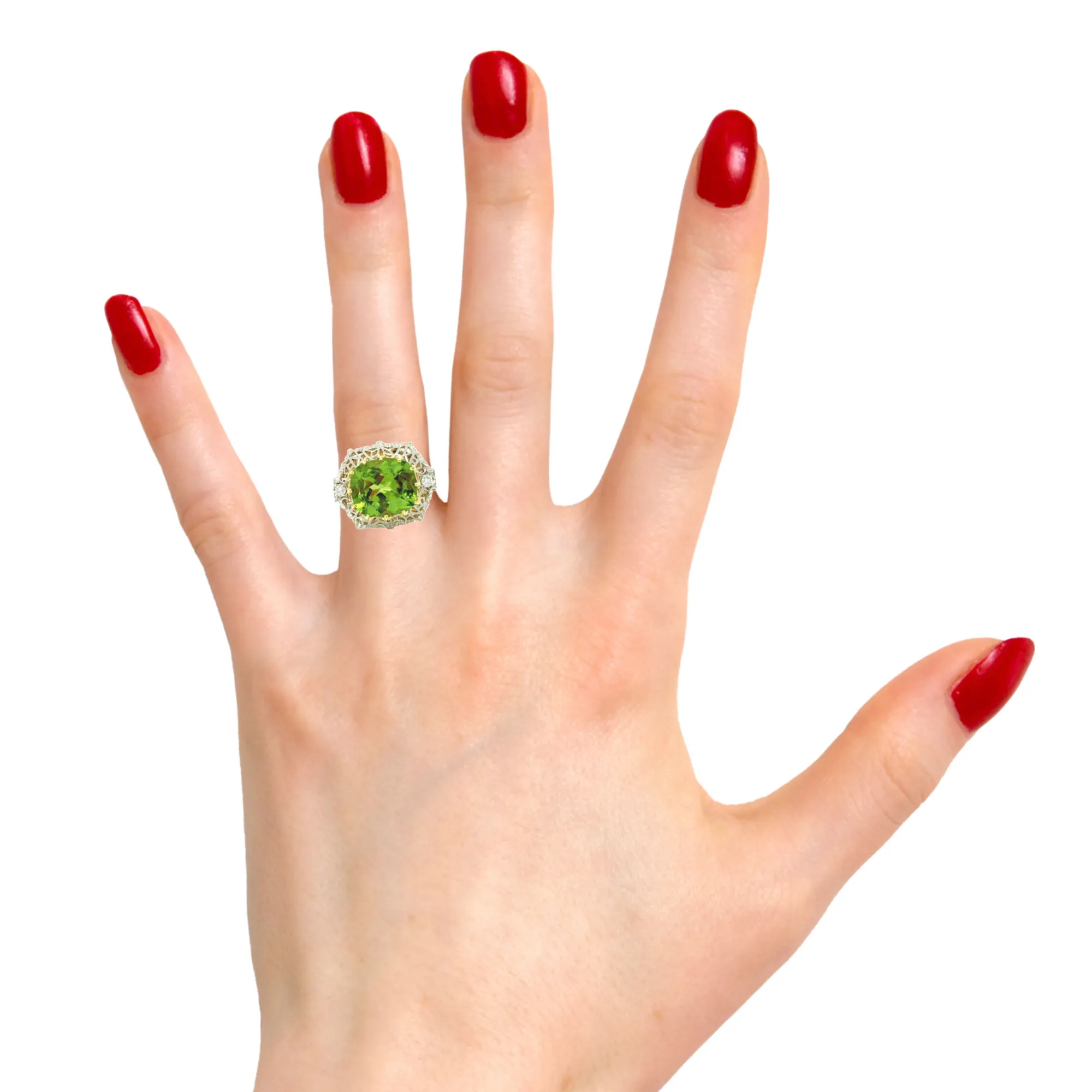 5.70 Ct. Peridot, Diamond, Yellow, White Gold Florentine Inspired Cocktail Ring