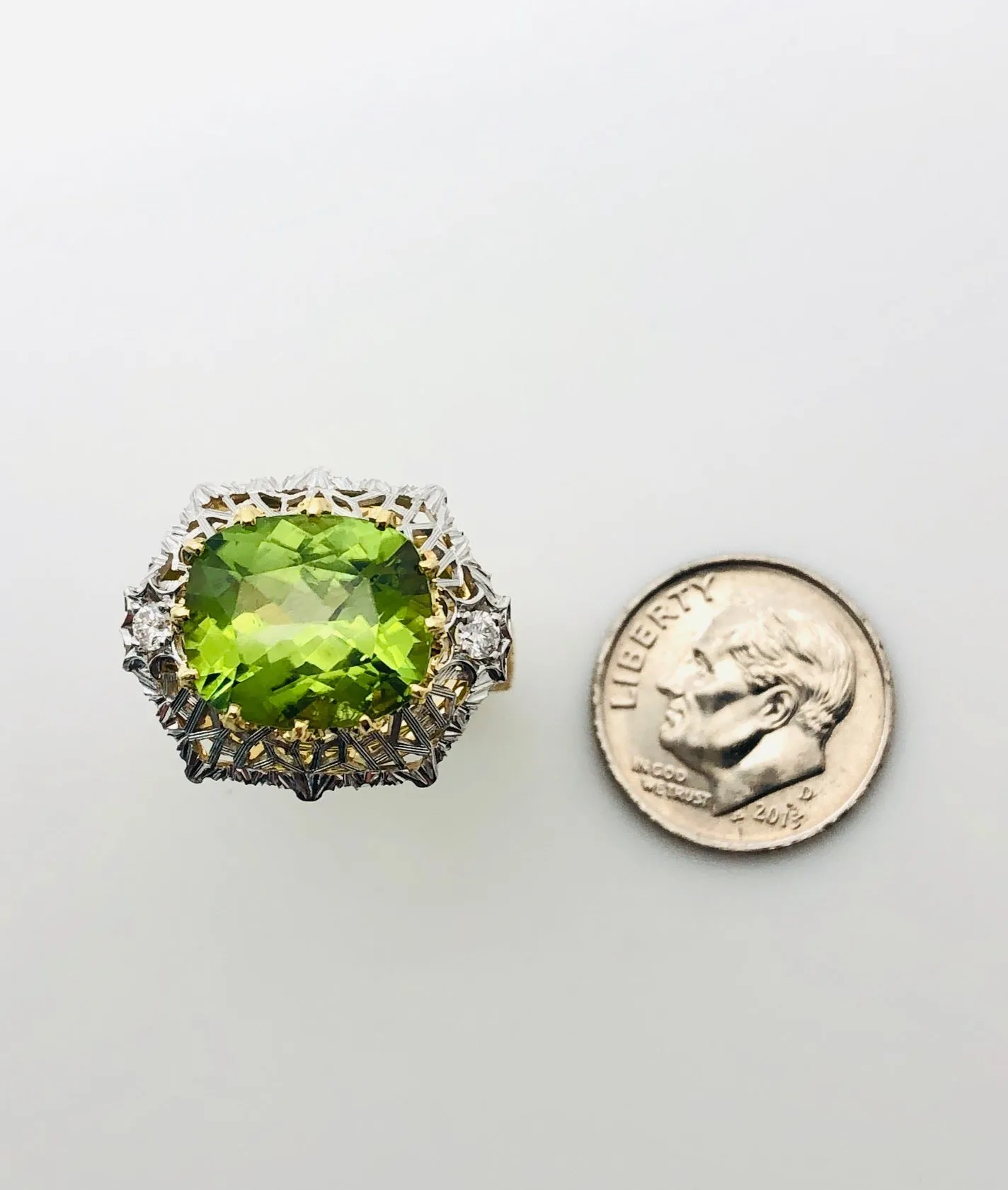 5.70 Ct. Peridot, Diamond, Yellow, White Gold Florentine Inspired Cocktail Ring