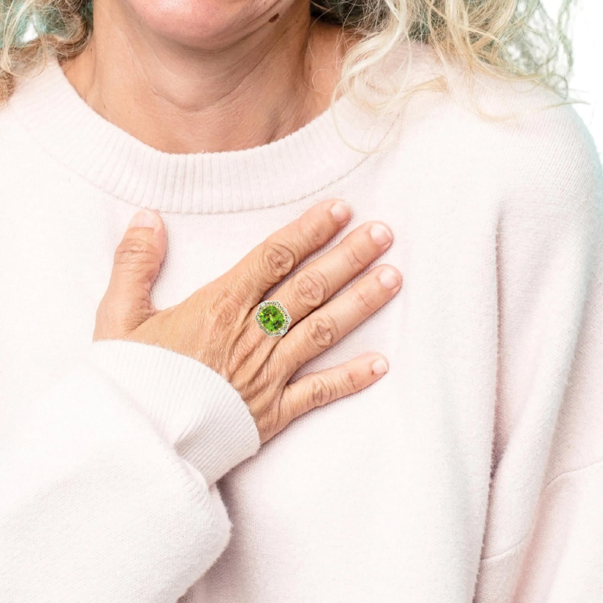 5.70 Ct. Peridot, Diamond, Yellow, White Gold Florentine Inspired Cocktail Ring