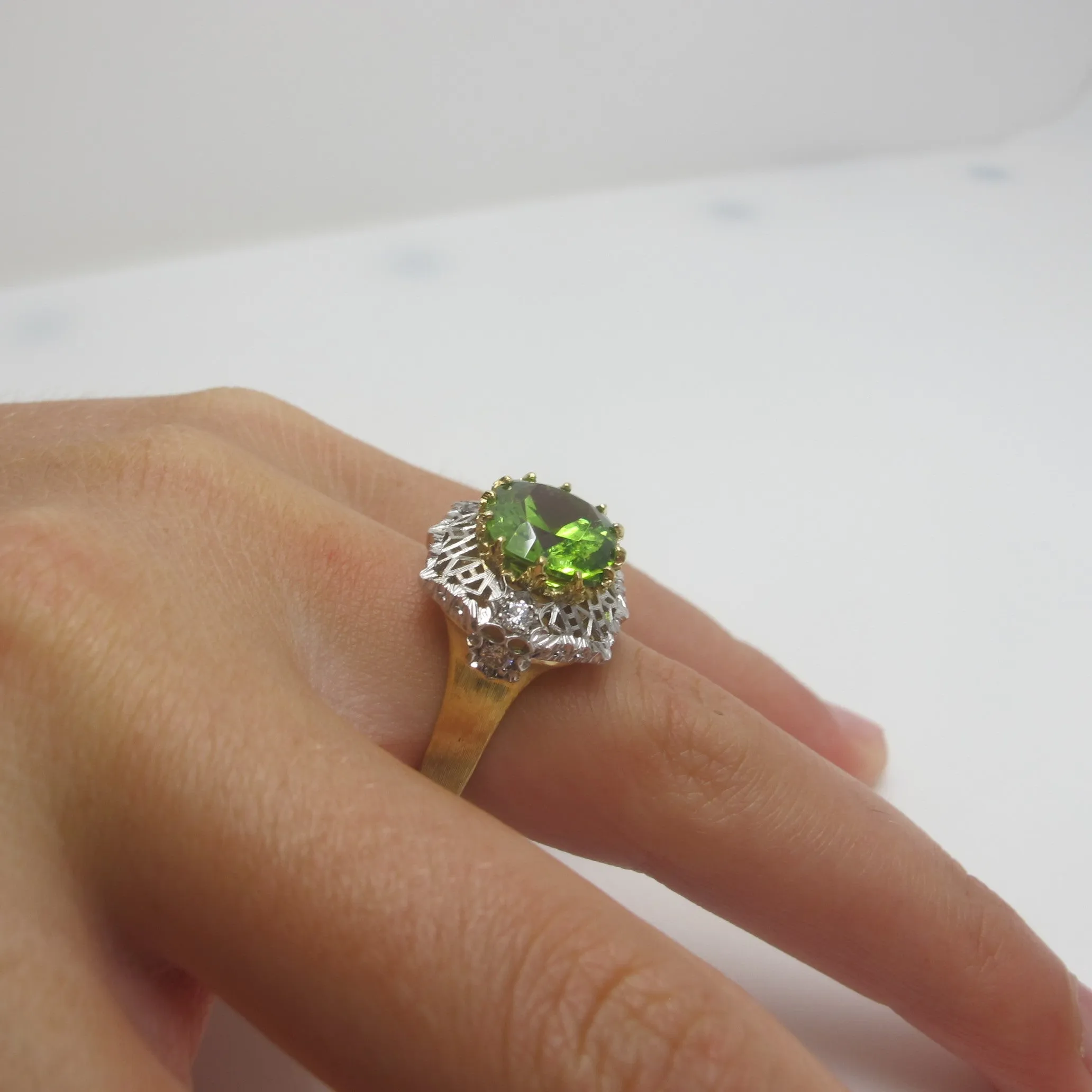 5.70 Ct. Peridot, Diamond, Yellow, White Gold Florentine Inspired Cocktail Ring