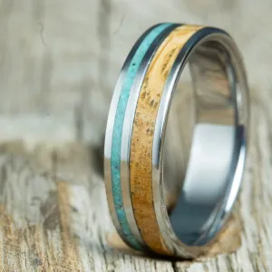 6mm Ring with Whiskey wood and turquoise on titanium
