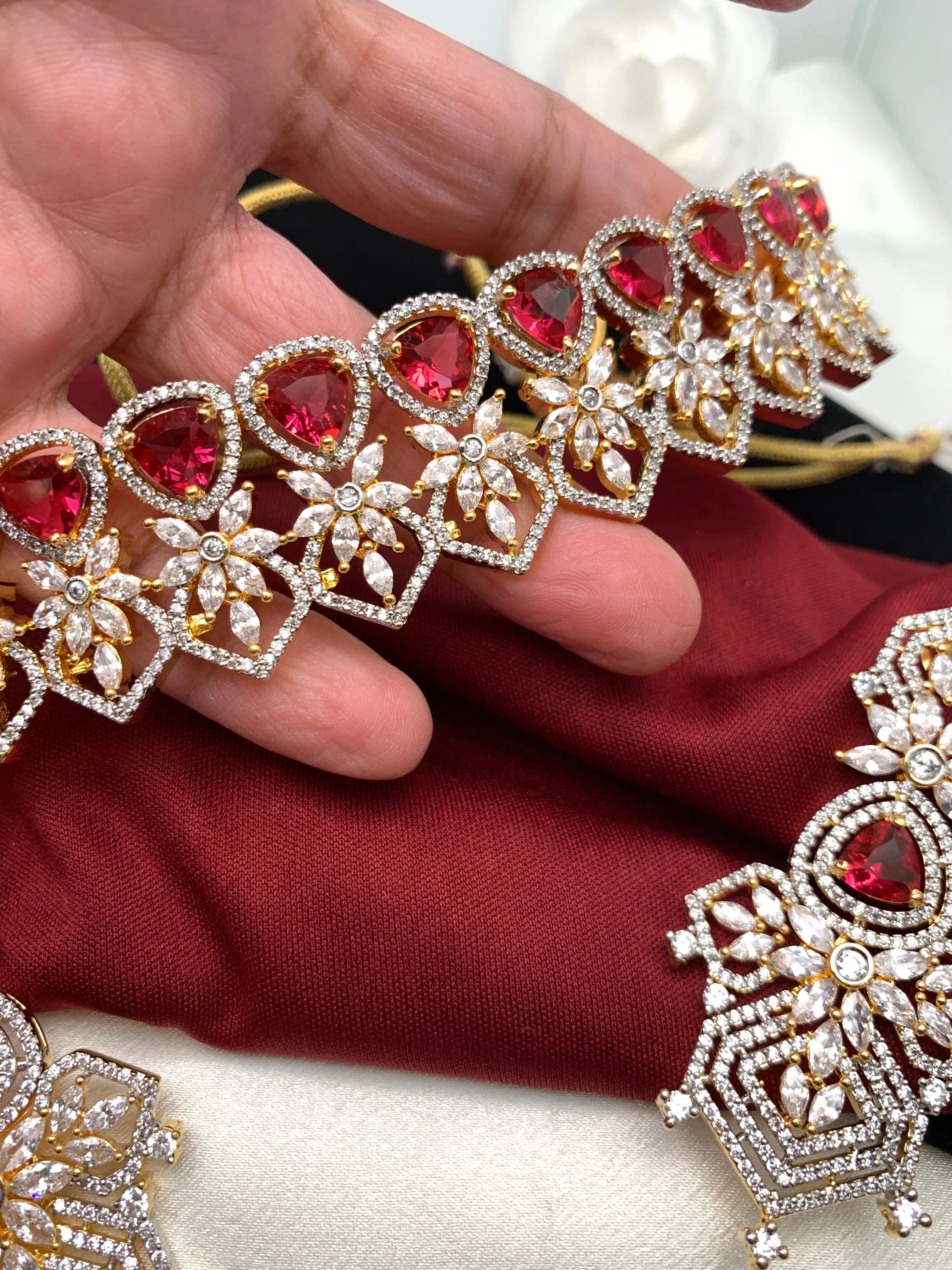 American Diamond Wine Red Stone Choker