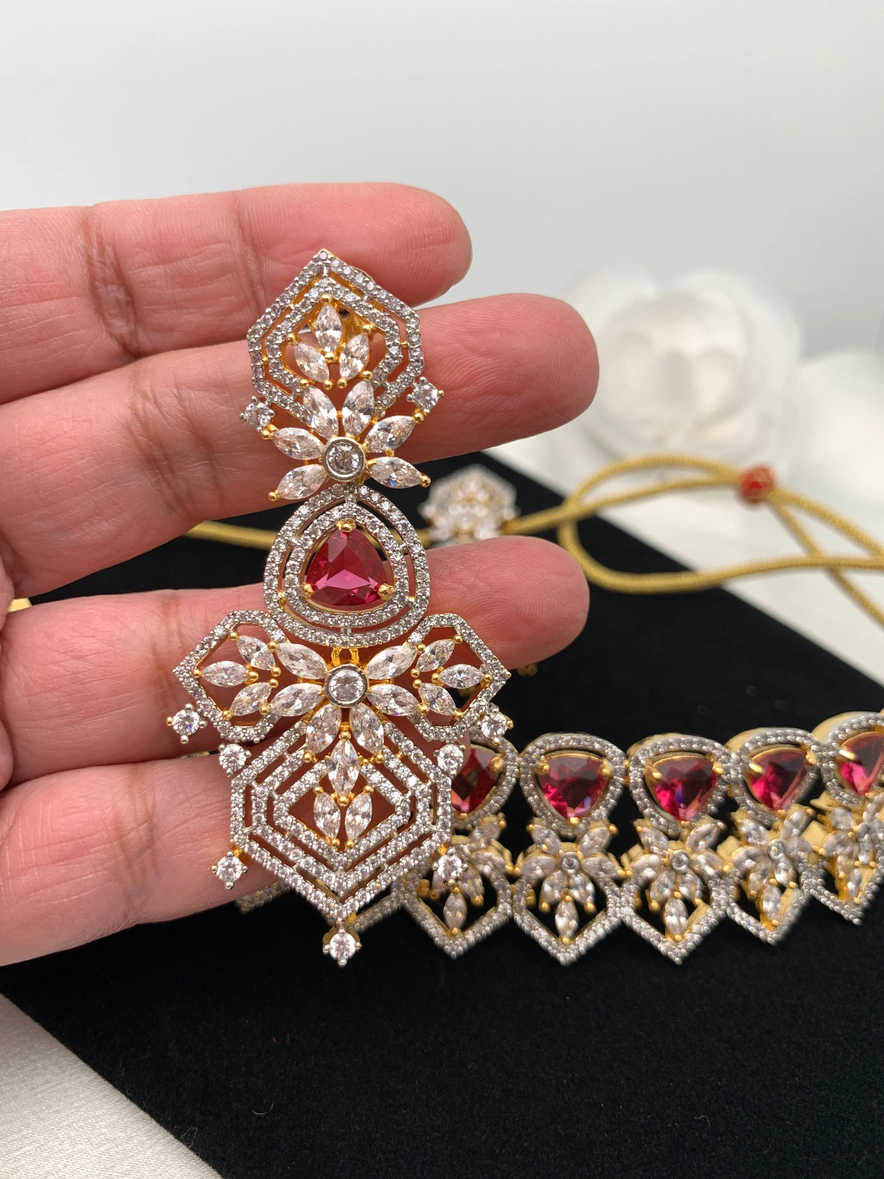 American Diamond Wine Red Stone Choker