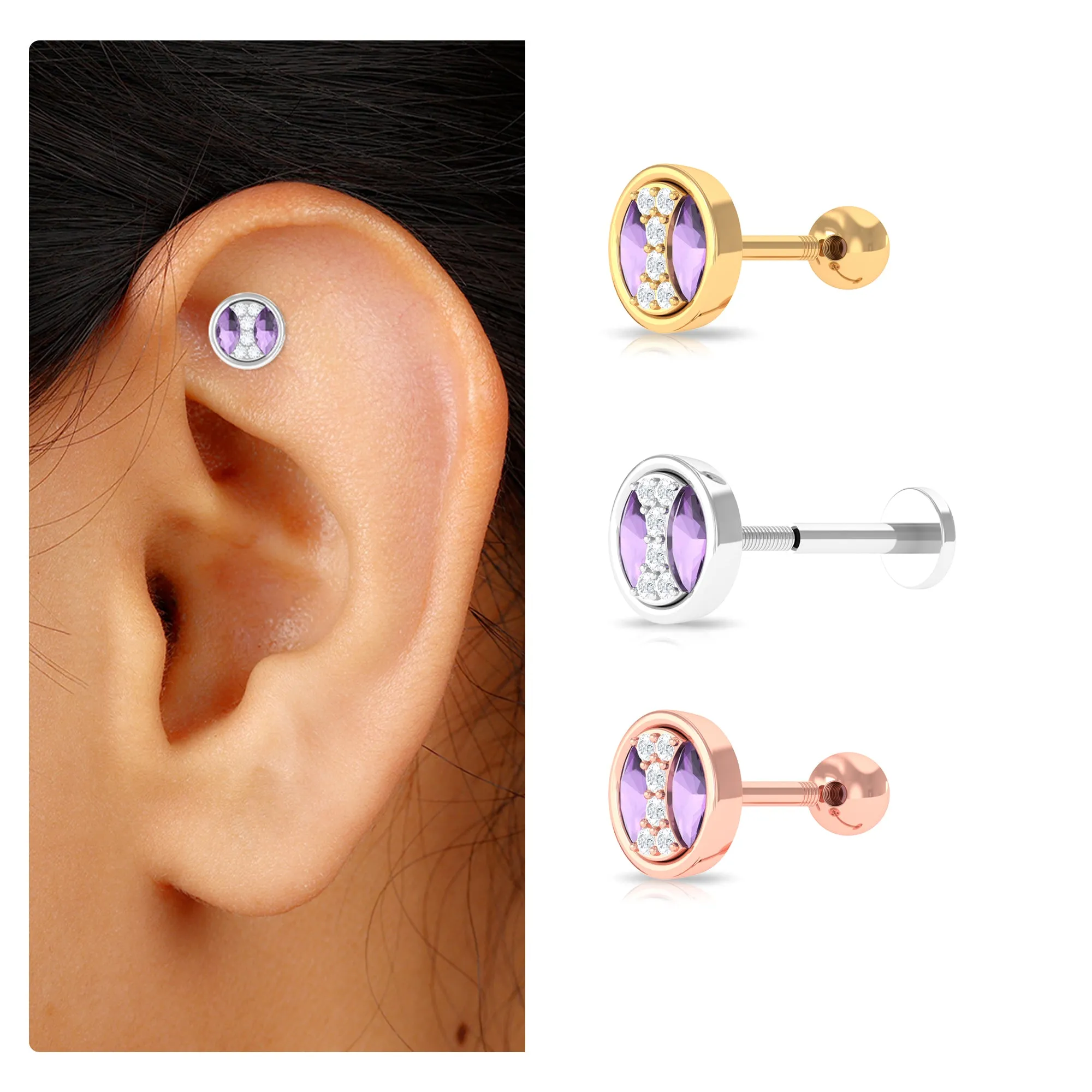 Amethyst and Moissanite Circle Helix Earring in Gold