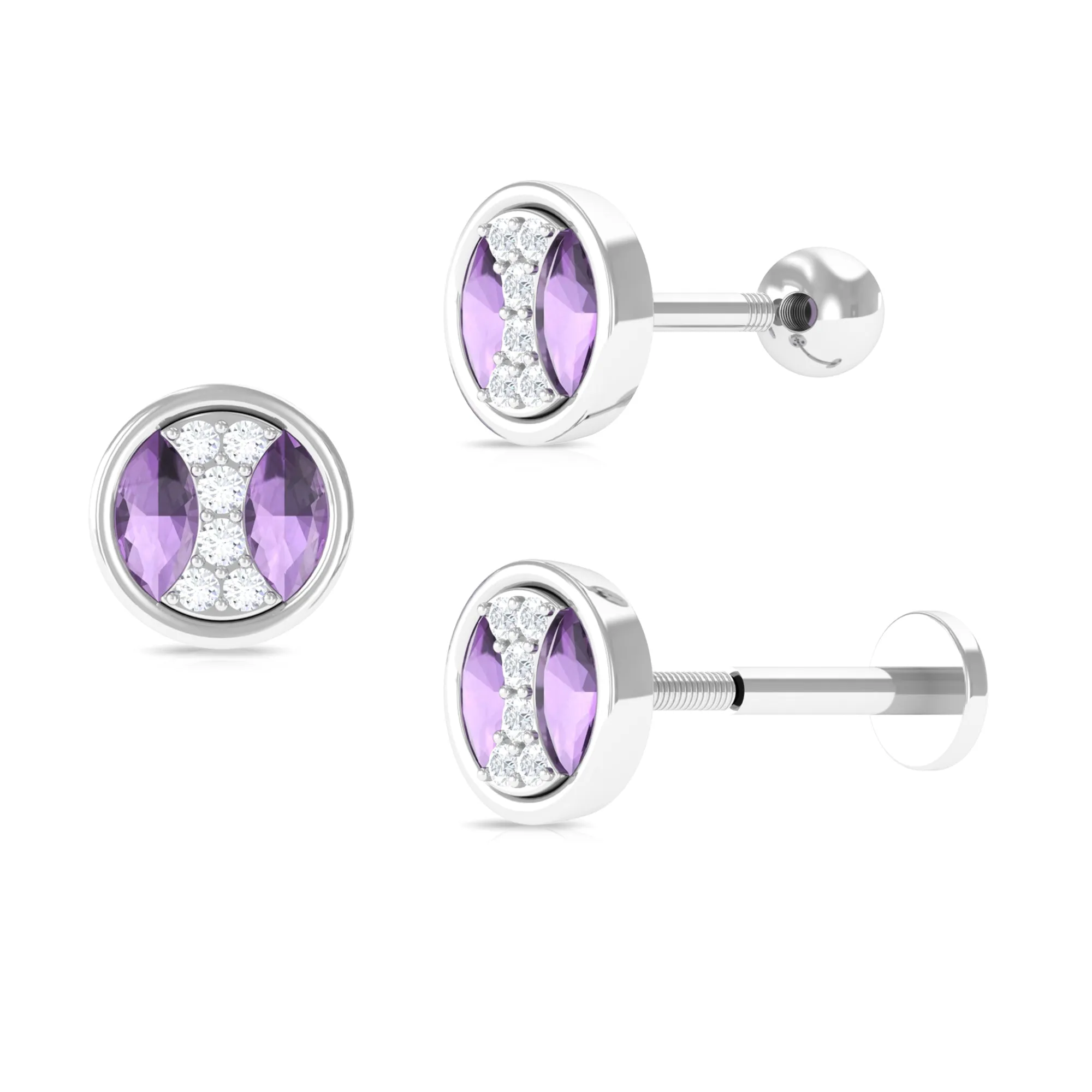 Amethyst and Moissanite Circle Helix Earring in Gold
