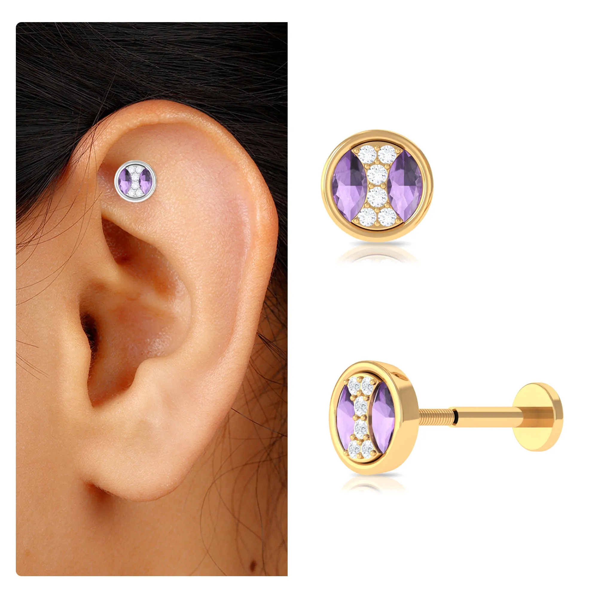 Amethyst and Moissanite Circle Helix Earring in Gold