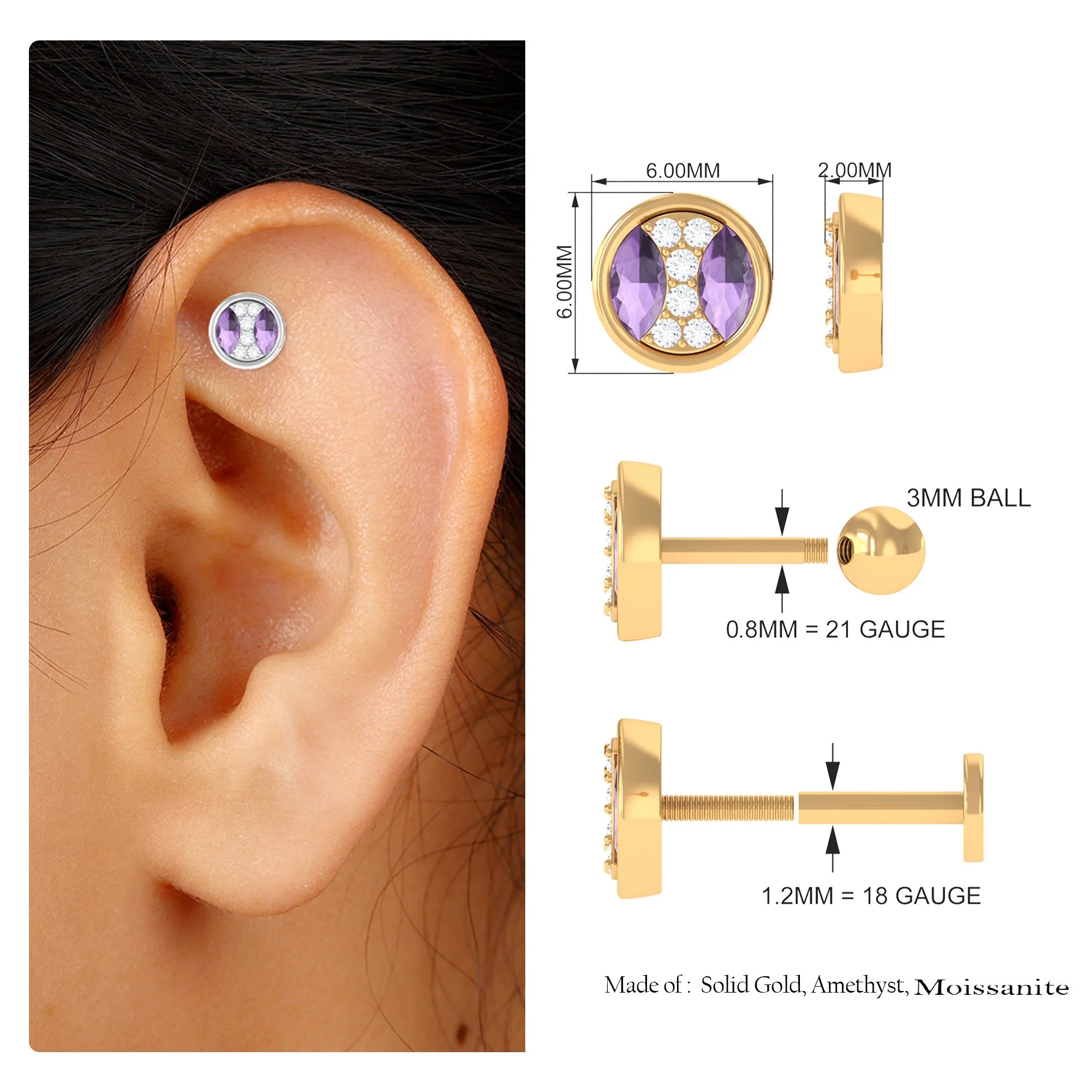 Amethyst and Moissanite Circle Helix Earring in Gold