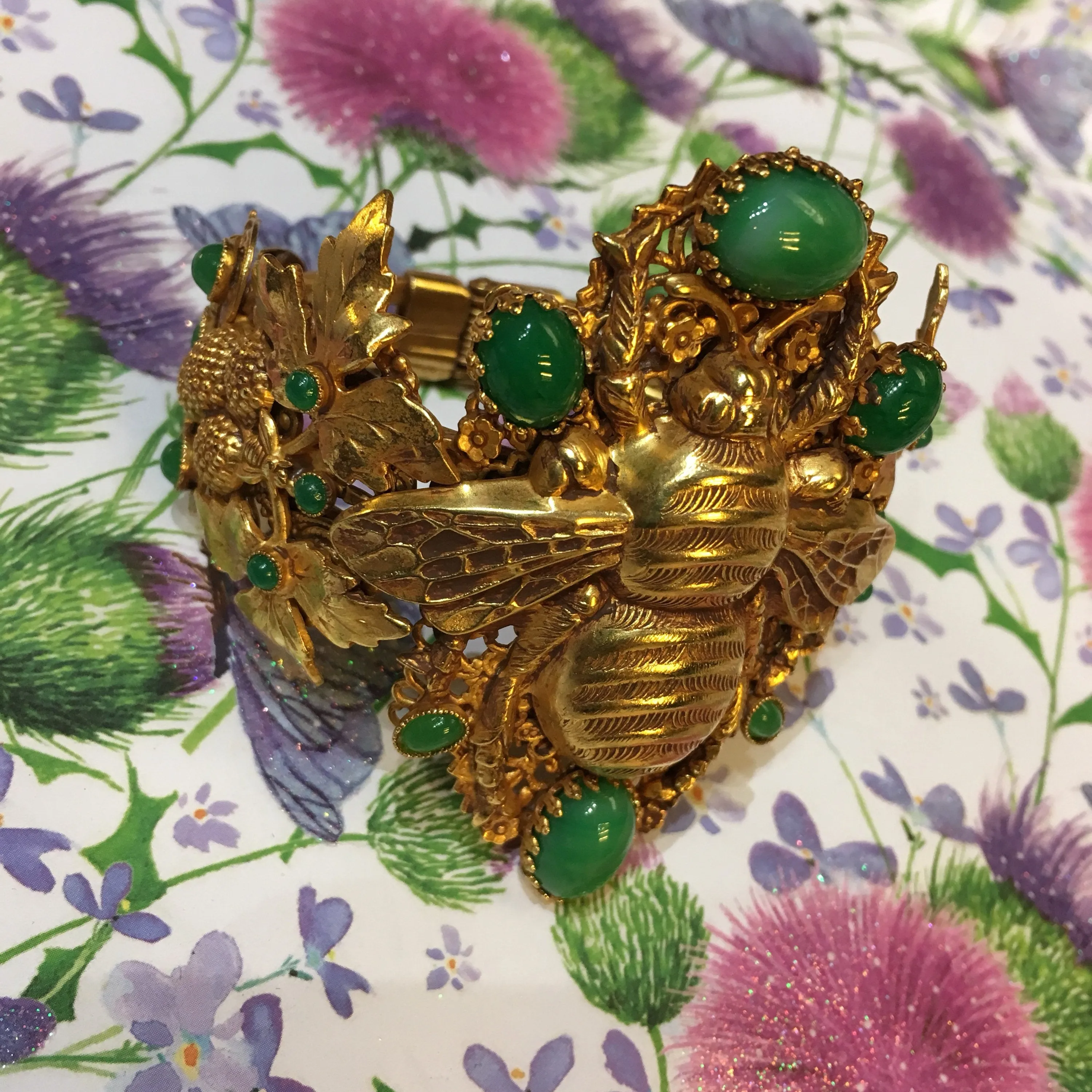 Askew London Bee Bracelet Clamper Green Glass Statement
