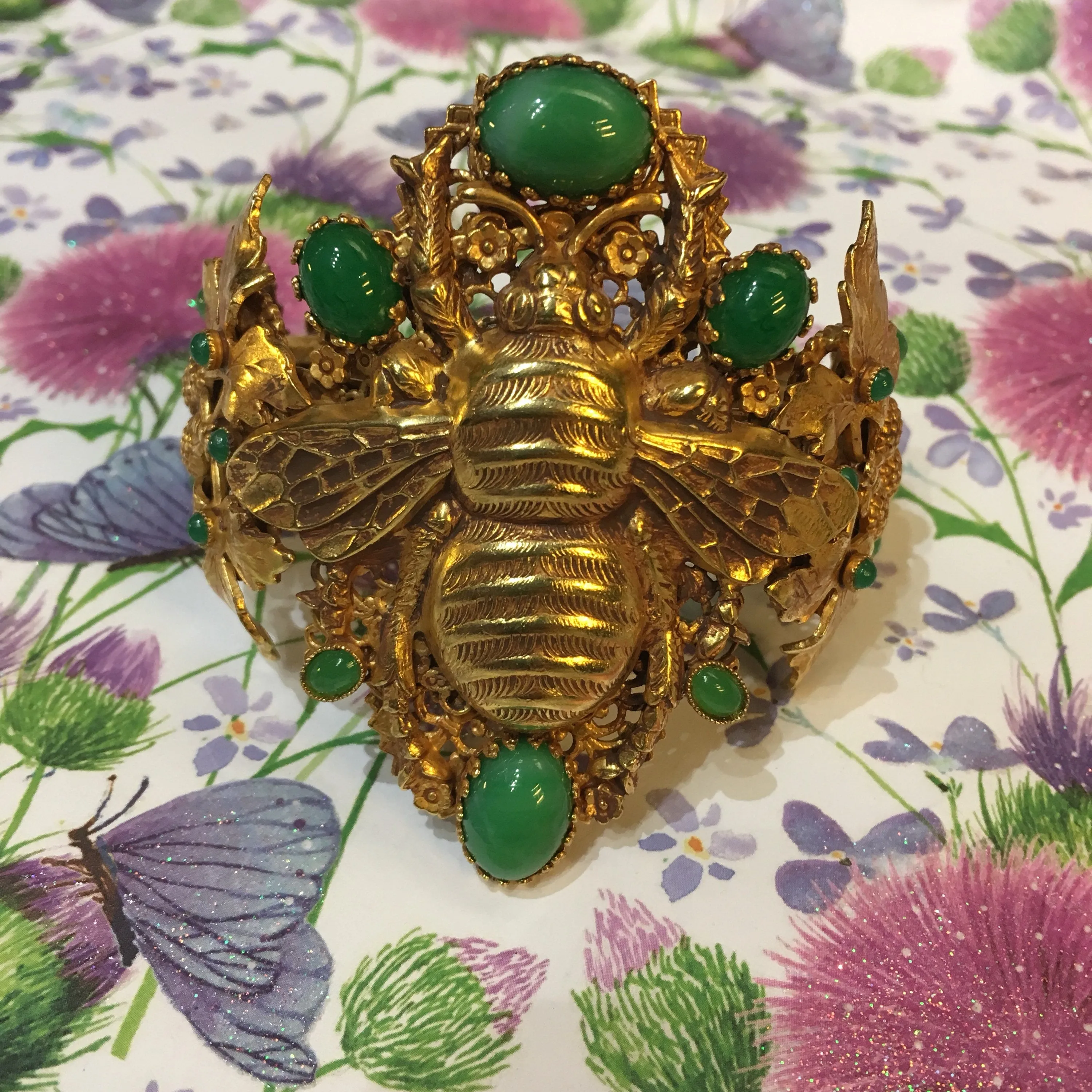 Askew London Bee Bracelet Clamper Green Glass Statement
