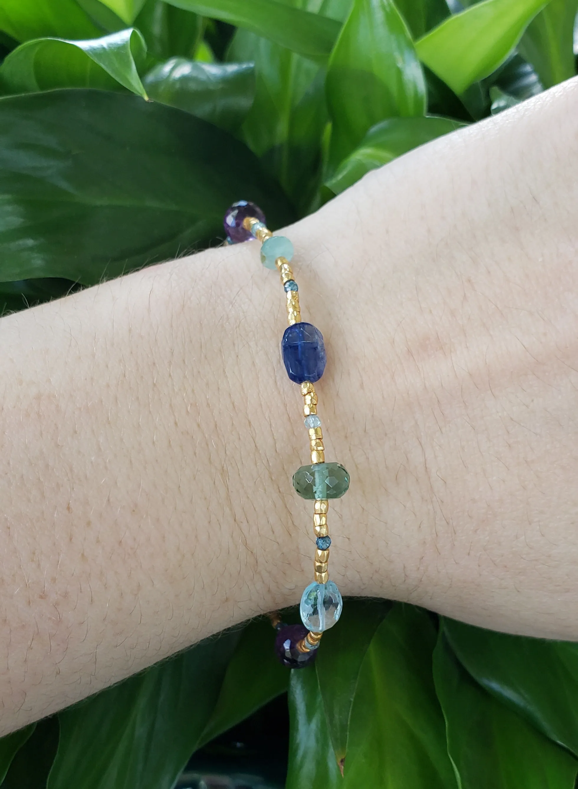 AVF Gold Glass, Kyanite, Amethyst, Grandidierite, Topaz, Quartz, Apatite Beaded Bracelet (SI3669 & SI3642)