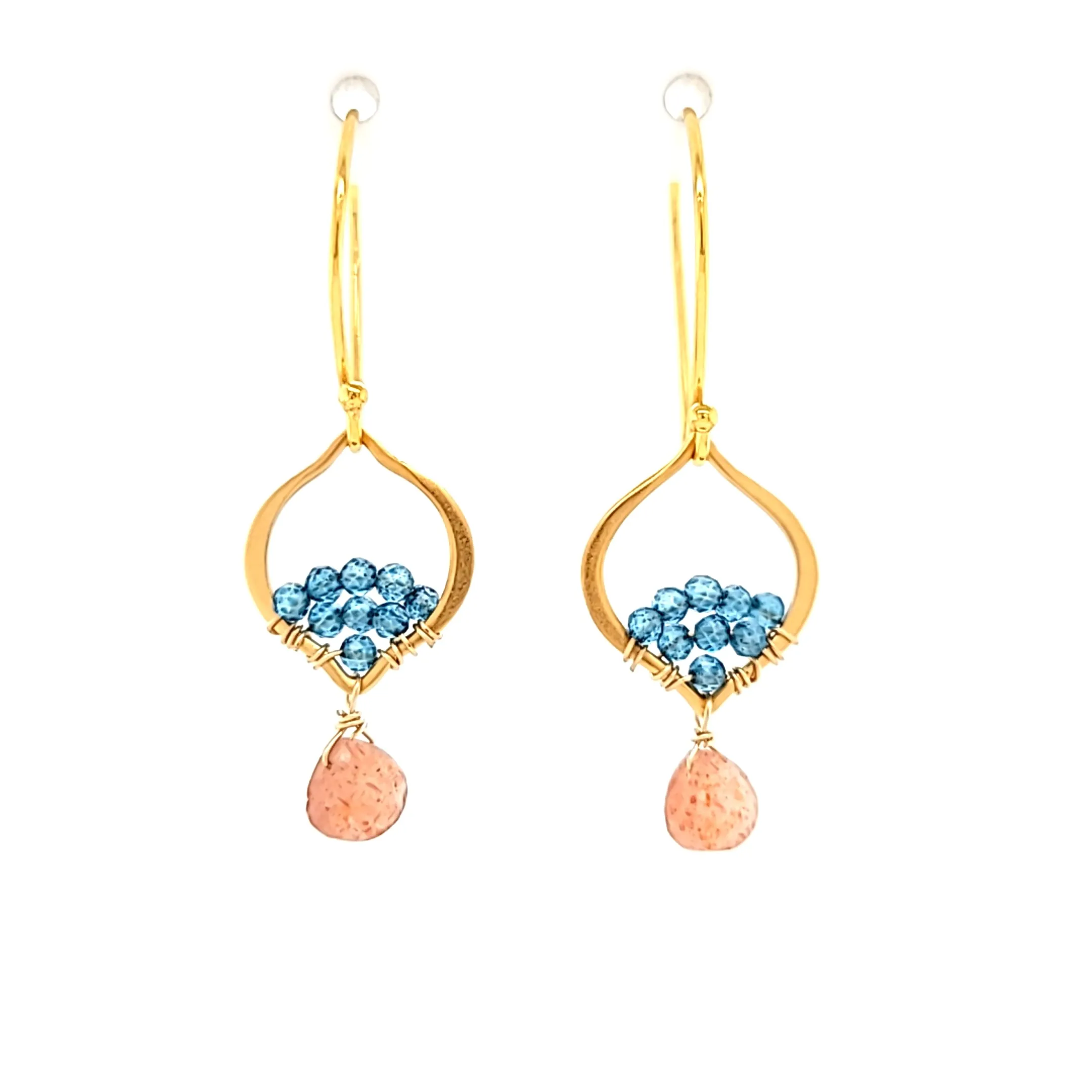 AVF Gold Petite Moroccan Style Beaded Blue Quartz & Sunstone Drop Earrings (SI3739)