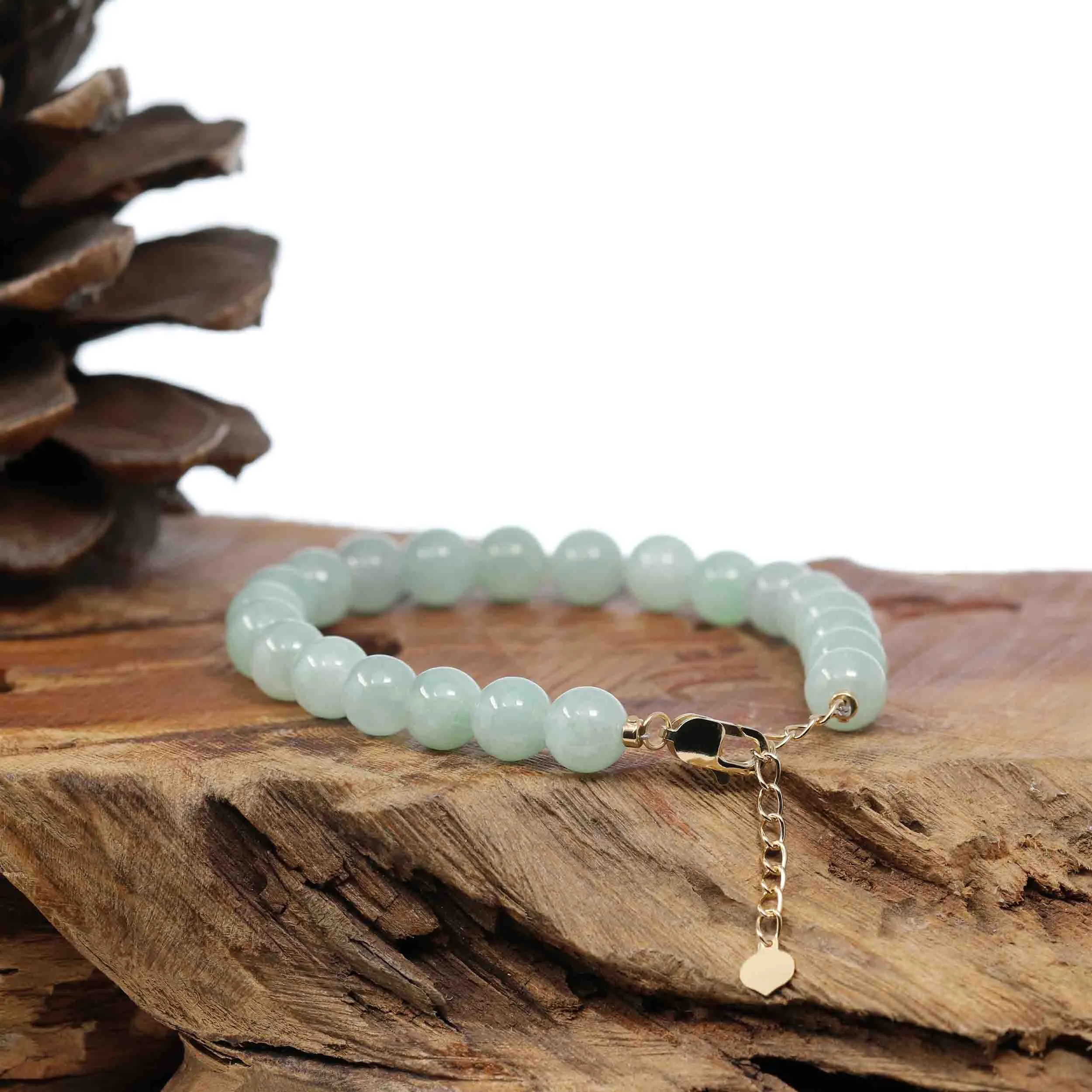 Baikalla Genuine Green Jadeite Jade Bead Bracelet With 18K Yellow Gold Clasp ( 7.5 mm )