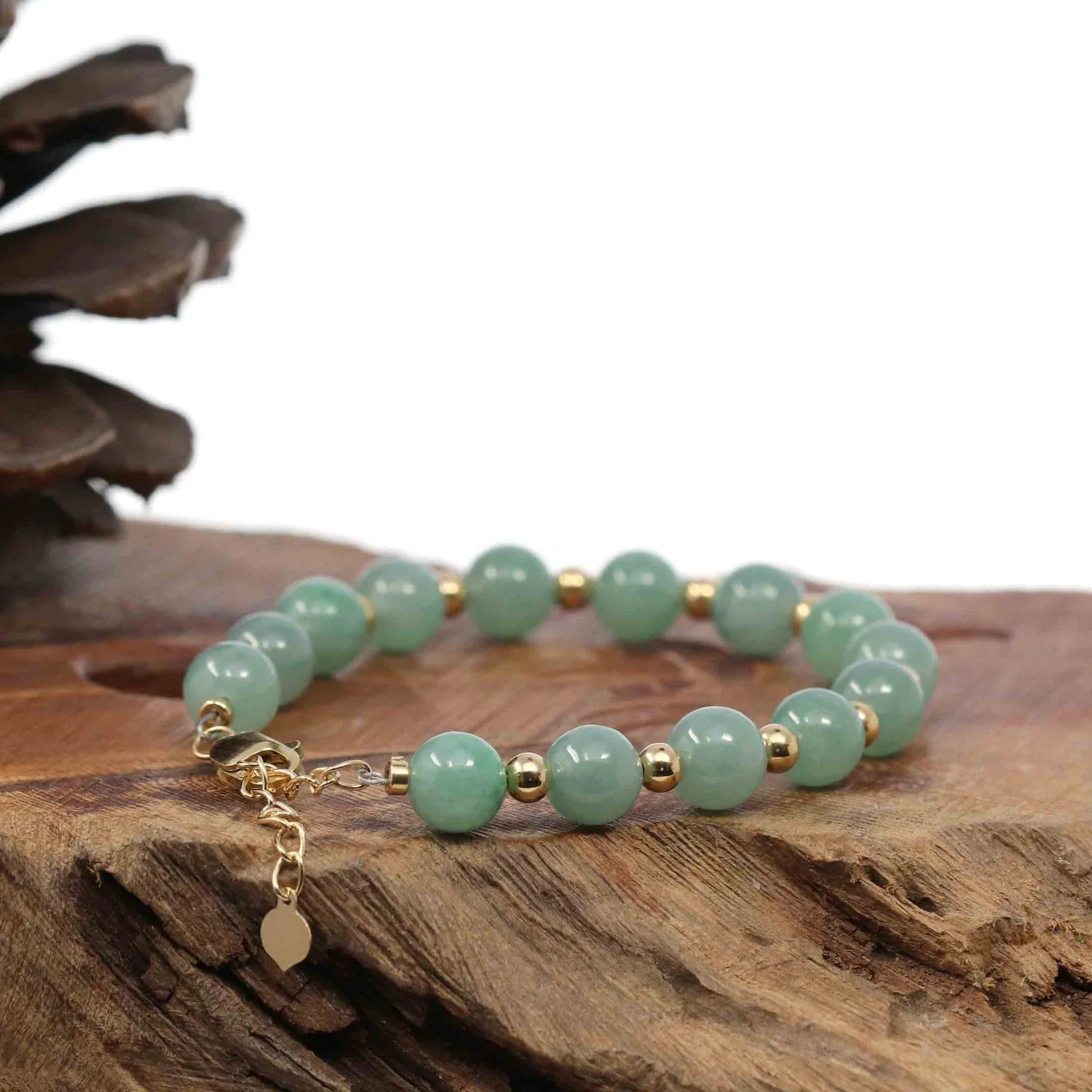 Baikalla Genuine Ice Green Jadeite Jade Round Beads Bracelet With 18K Yellow Gold Clasp and Gold Beads ( 7.8 mm )