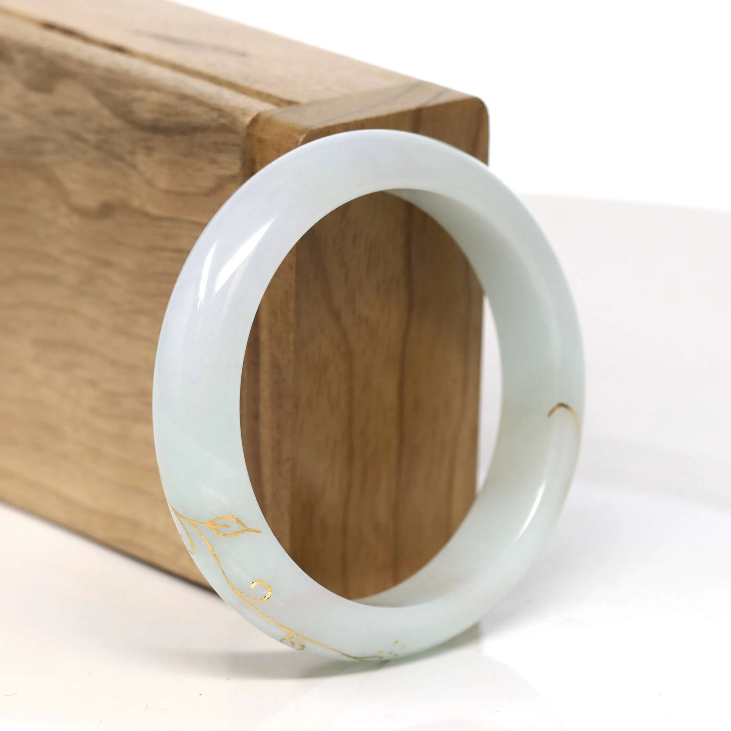 Baikalla "Half Round" 18k Gold Inlay Light Green w/faint Red Jadeite Jade Bangle Bracelet (53.60 mm) #T359