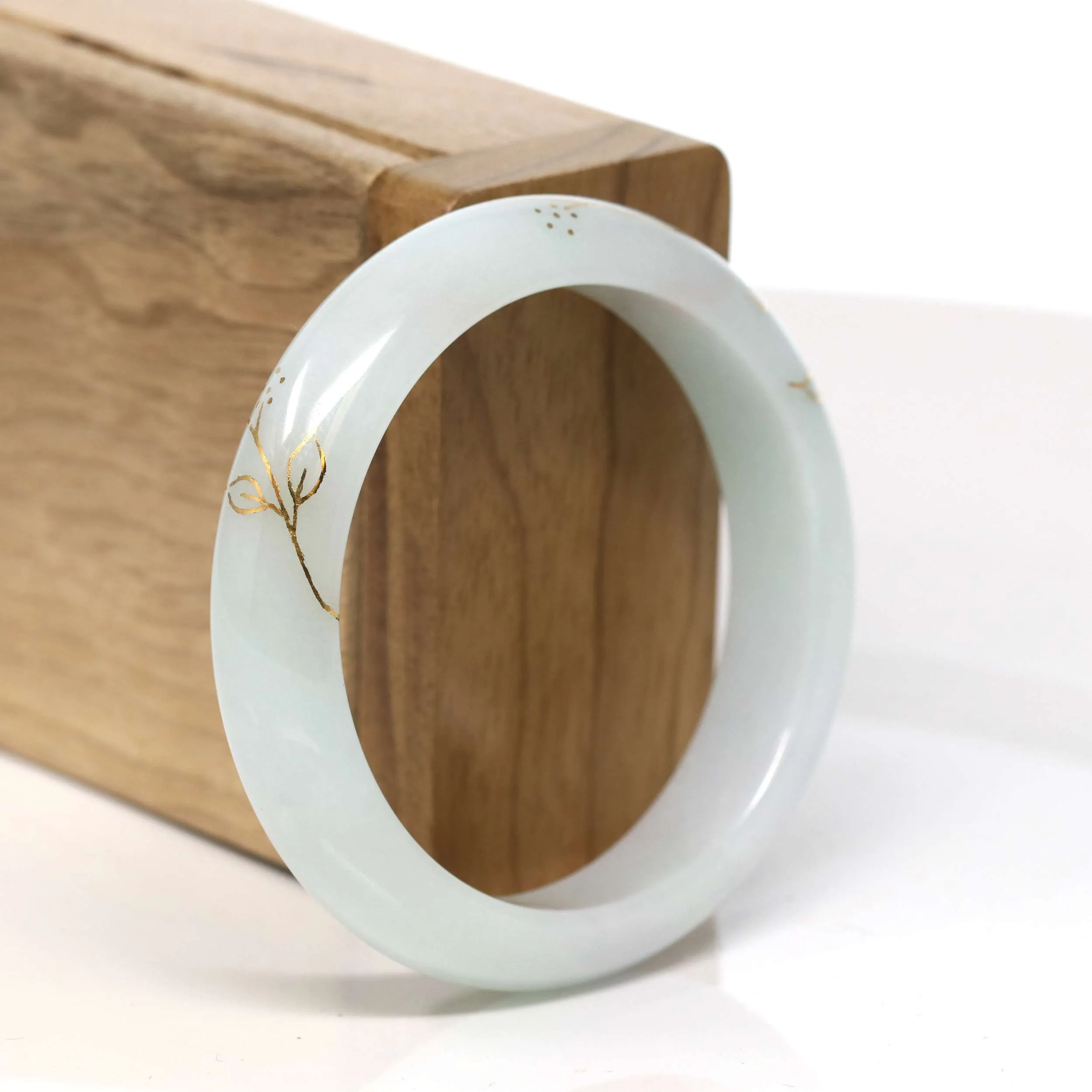 Baikalla "Half Round" 18k Gold Inlay Light Green w/faint Red Jadeite Jade Bangle Bracelet (53.60 mm) #T359