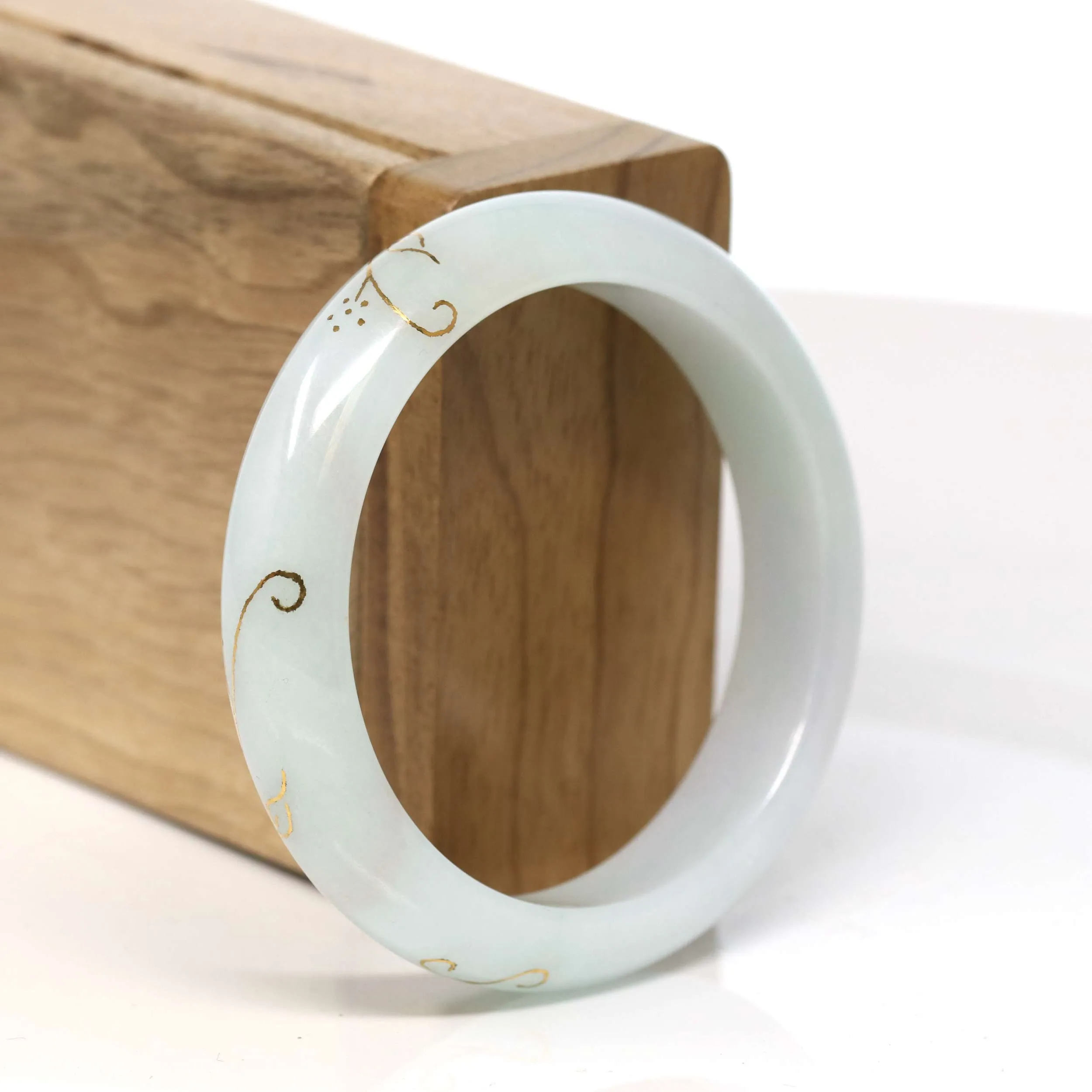 Baikalla "Half Round" 18k Gold Inlay Light Green w/faint Red Jadeite Jade Bangle Bracelet (53.60 mm) #T359